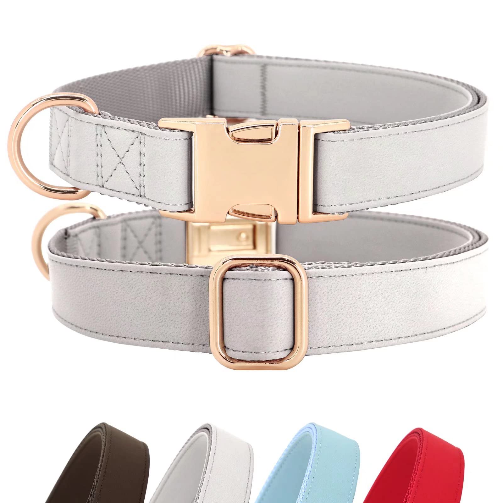 Pet Artist Charming Nylon Dog Collar With Leather Soft Comfy Elegant Nylon Collars For Dogs Small Medium Large 4 Bright Solid Color For Choosing Blue Red Brown Grey (Grey,Neck Fit 9-14'')