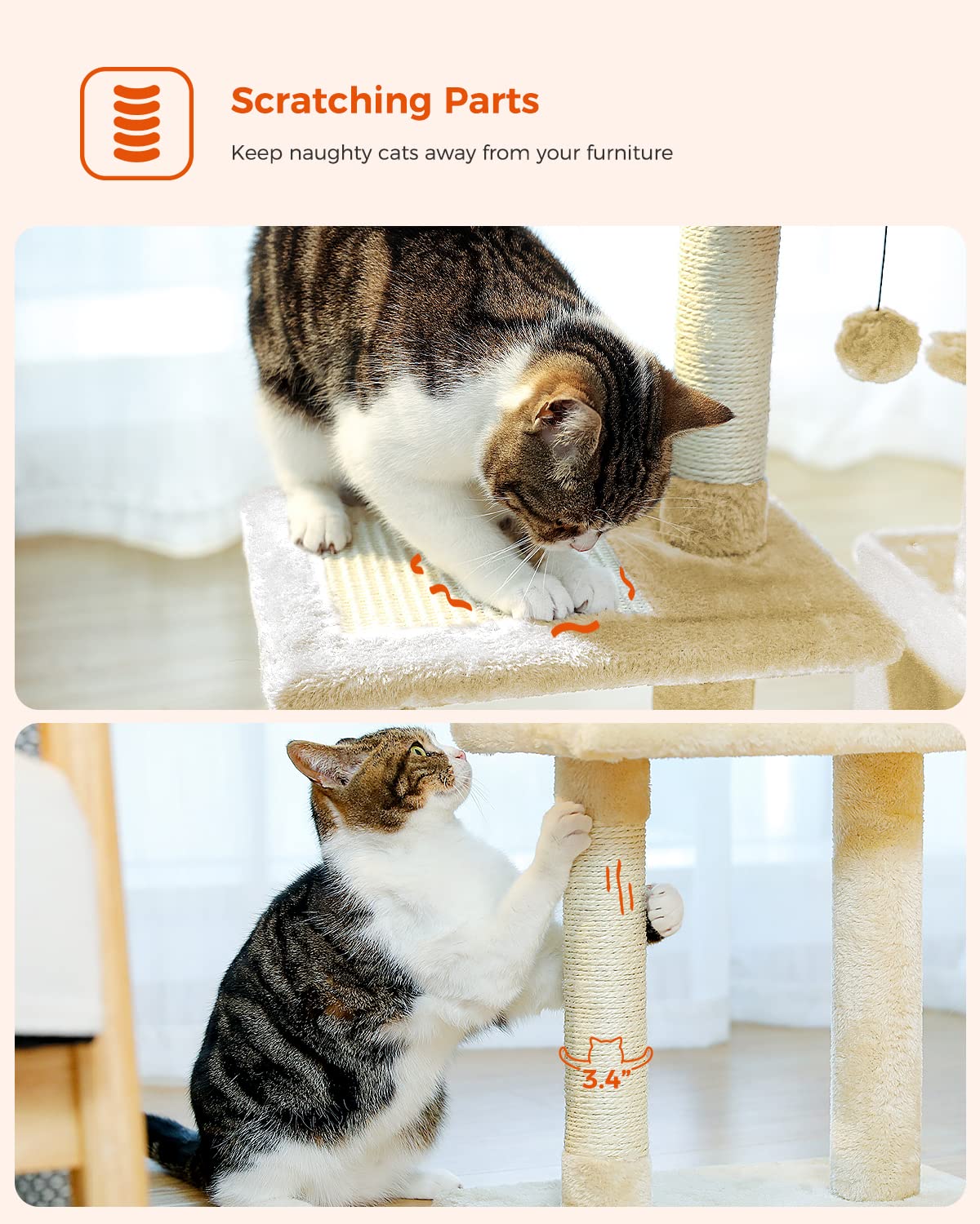 Pequlti Small Cat Tree, [28.5''] Cat Tower For Indoor Cats, 2 Styles Cat Activity Tree With Cat Scratching Posts, Big Hammock And Removable Top Perch Beige