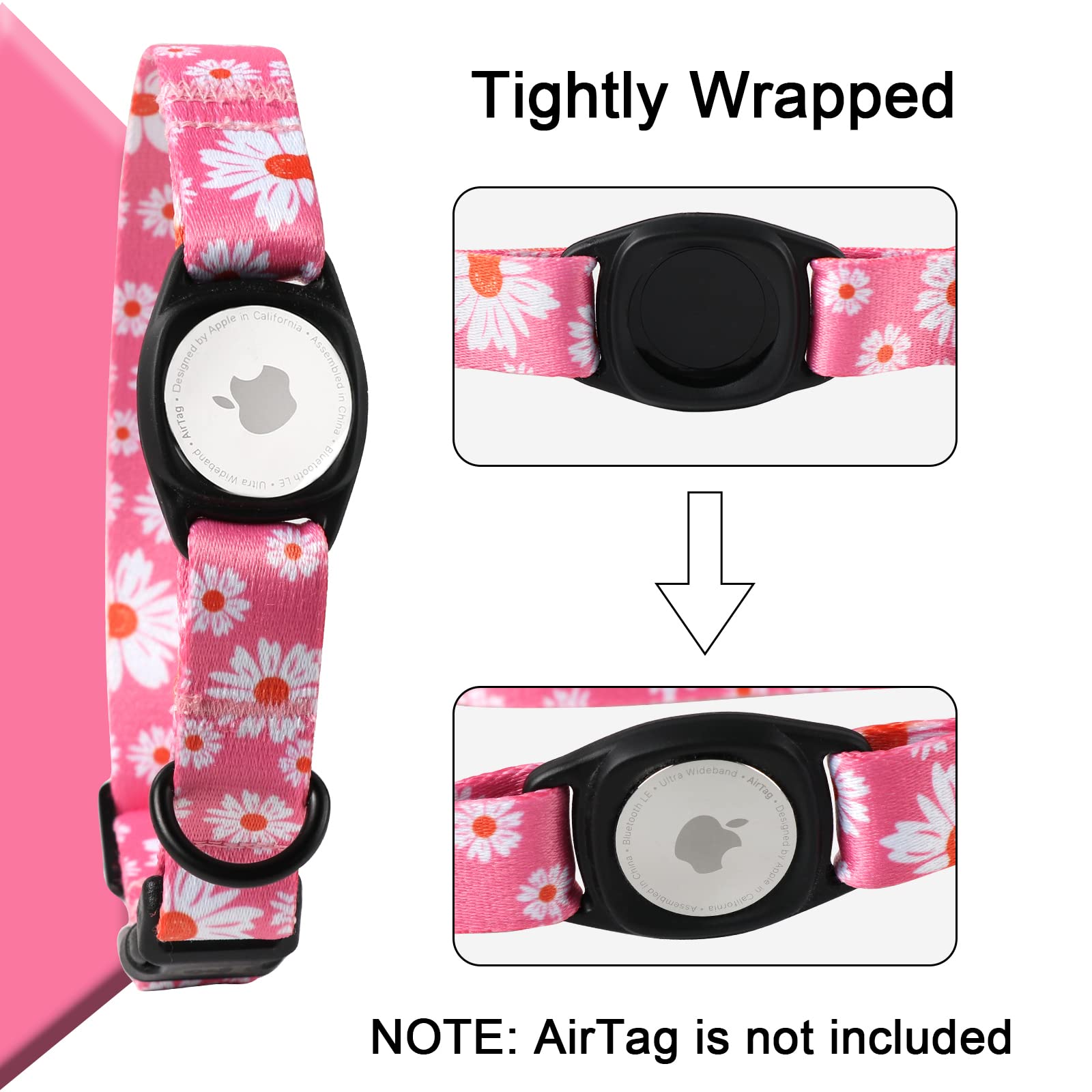 Mr.Chubbyface Airtag Dog Collar Floral Pink Daisy Dog Collar With Apple Airtag Holder For Small Medium Large Boy Girl Dogs