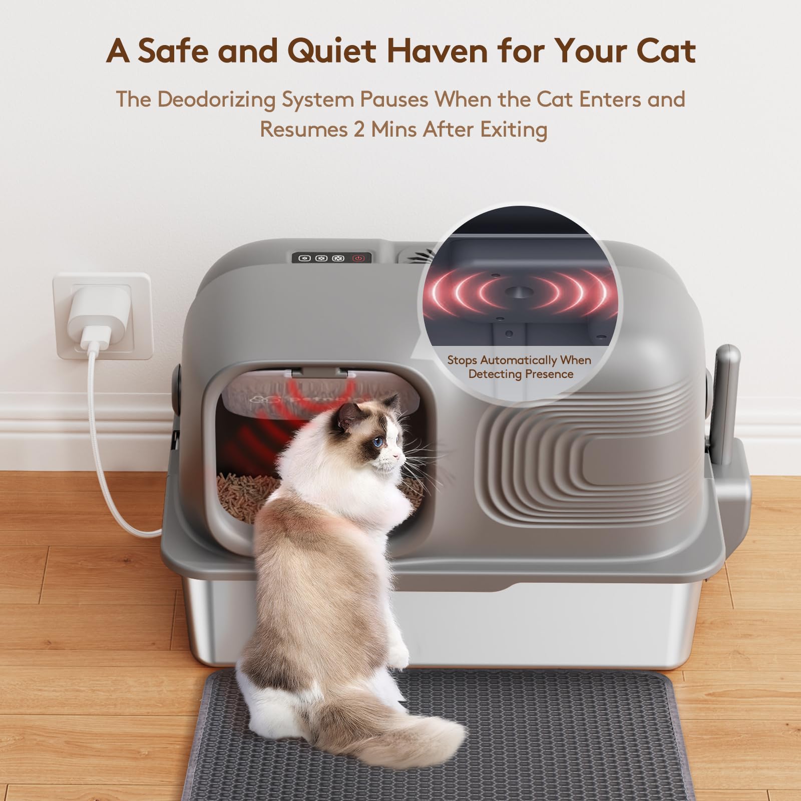 Petnology Stainless Steel Litter Box with Odor Control, 65L, Gray, Enclosed, Flip-Top Lid, Includes Scoop & Litter Mat