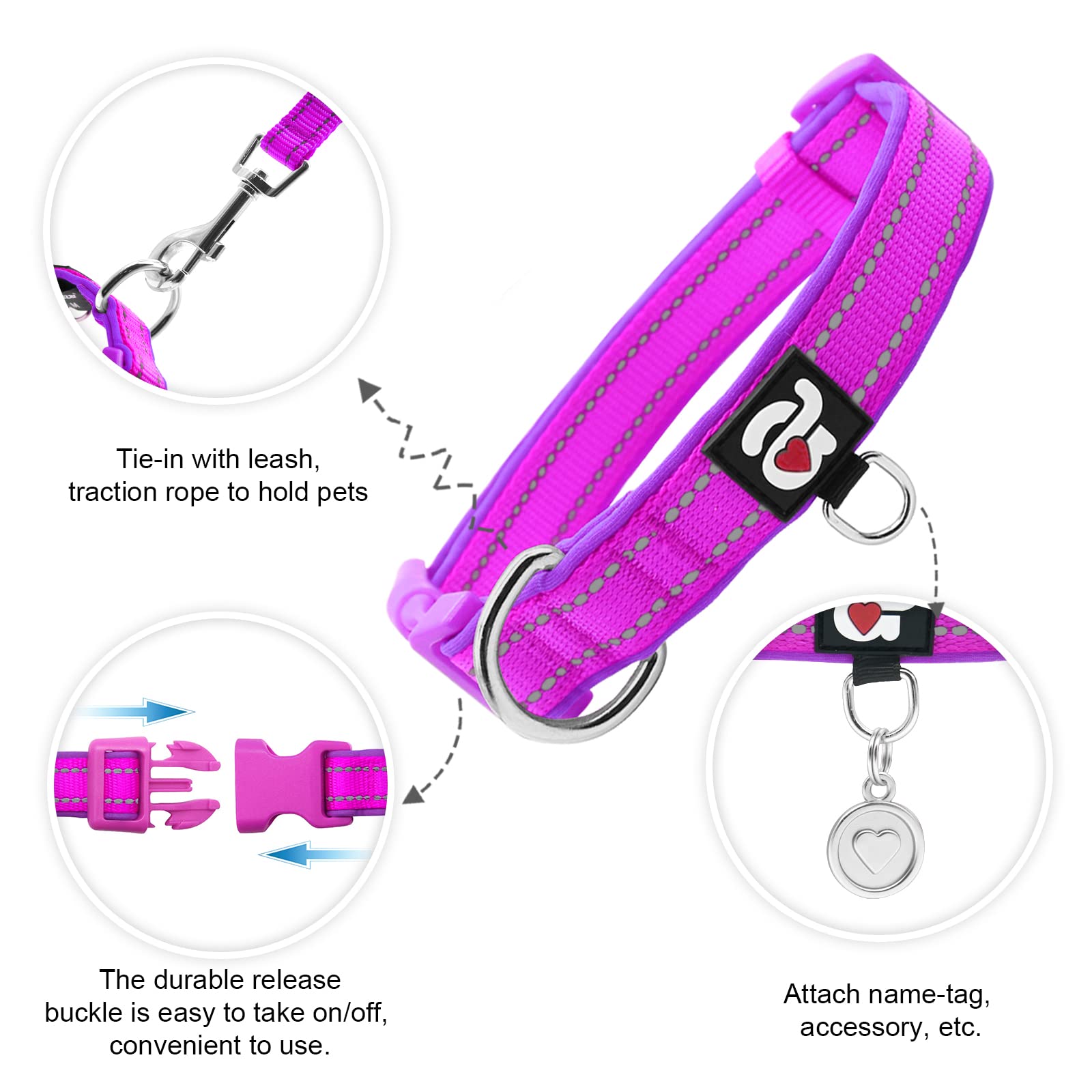 Azuza Reflective Dog Collar With Airtag Holder, Soft Neoprene Padded Pet Collar With Id Tag Ring, Adjustable For Medium Dogs,Pur