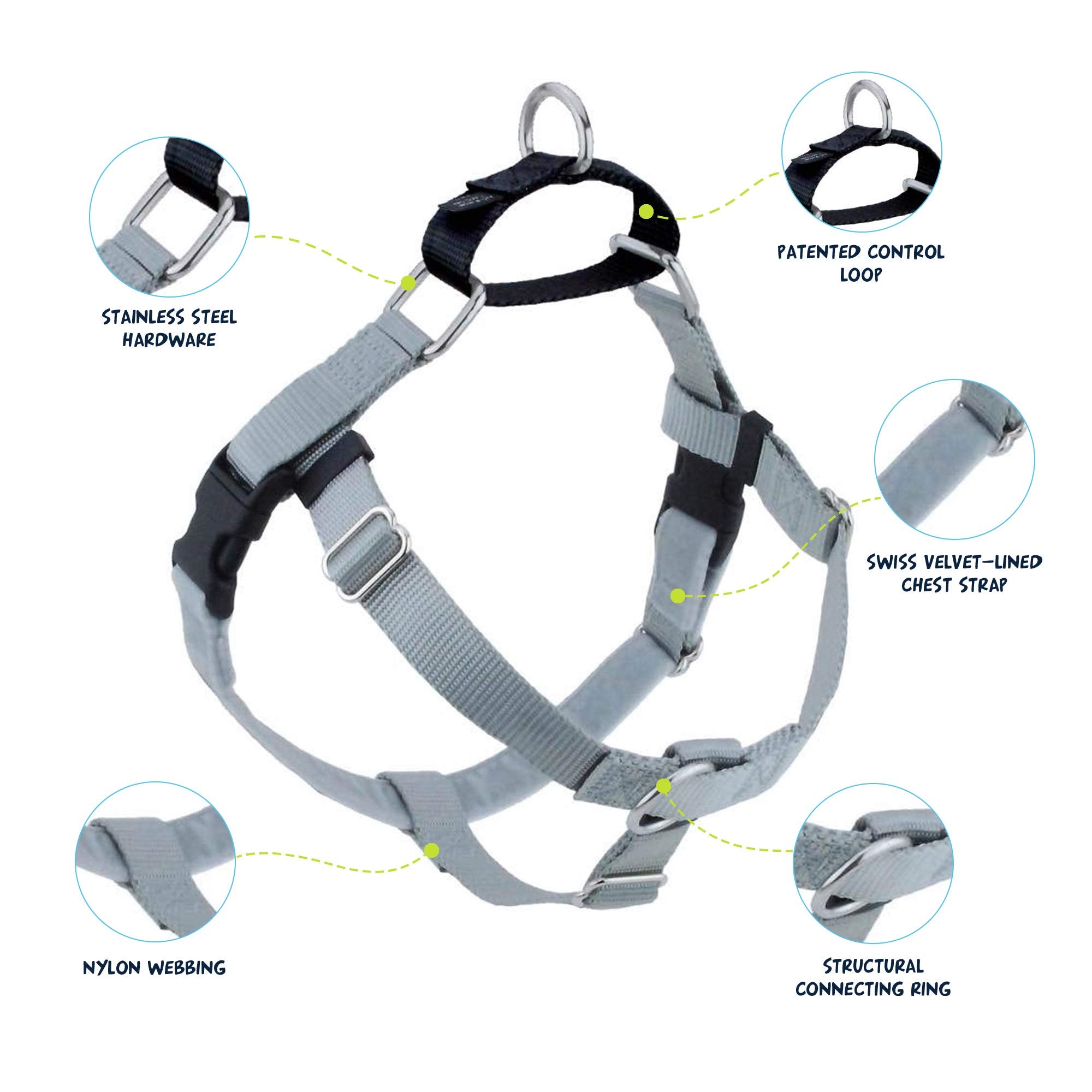 2 Hounds Design Freedom No Pull Dog Harness, Adjustable Harness, Easy Walking & Comfortable Control, Fits Small, Medium & Large Dogs, Solid Colors, Made In Usa, 1' Lg, Silver