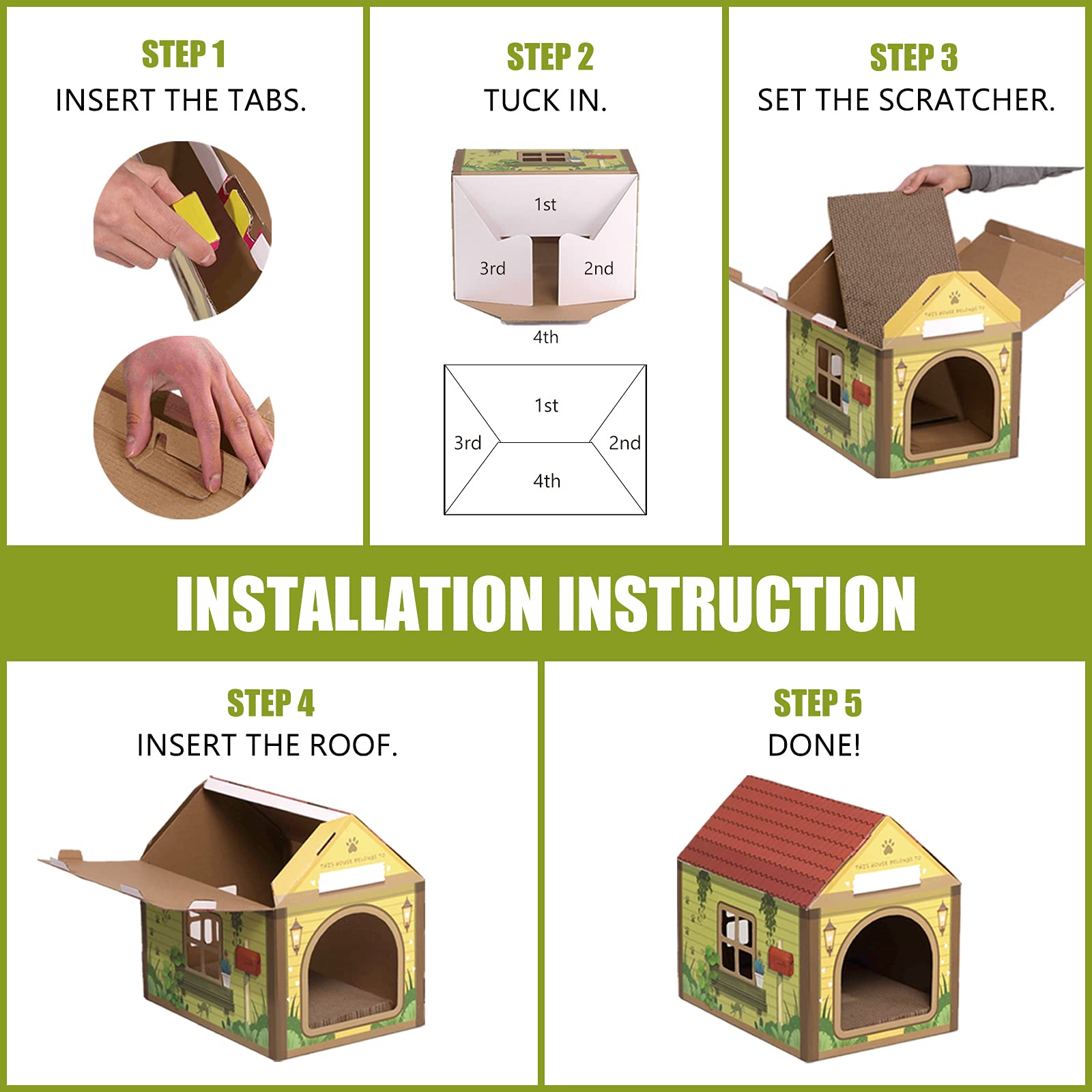 Sekam Cardboard Cat House With Scratcher/Catnip, (16.5''L X 12''W X 15''H) Cat Play House For Indoor Cats - Customized Name Space For Kitties, Arched Forest Cabin Cat Scratch Toy For Cat Birthday
