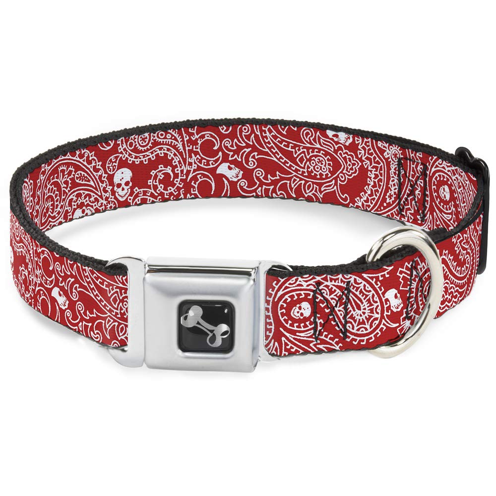 Buckle-Down Seatbelt Buckle Dog Collar - Bandana/Skulls Red/White - 1'' Wide - Fits 11-17'' Neck - Medium