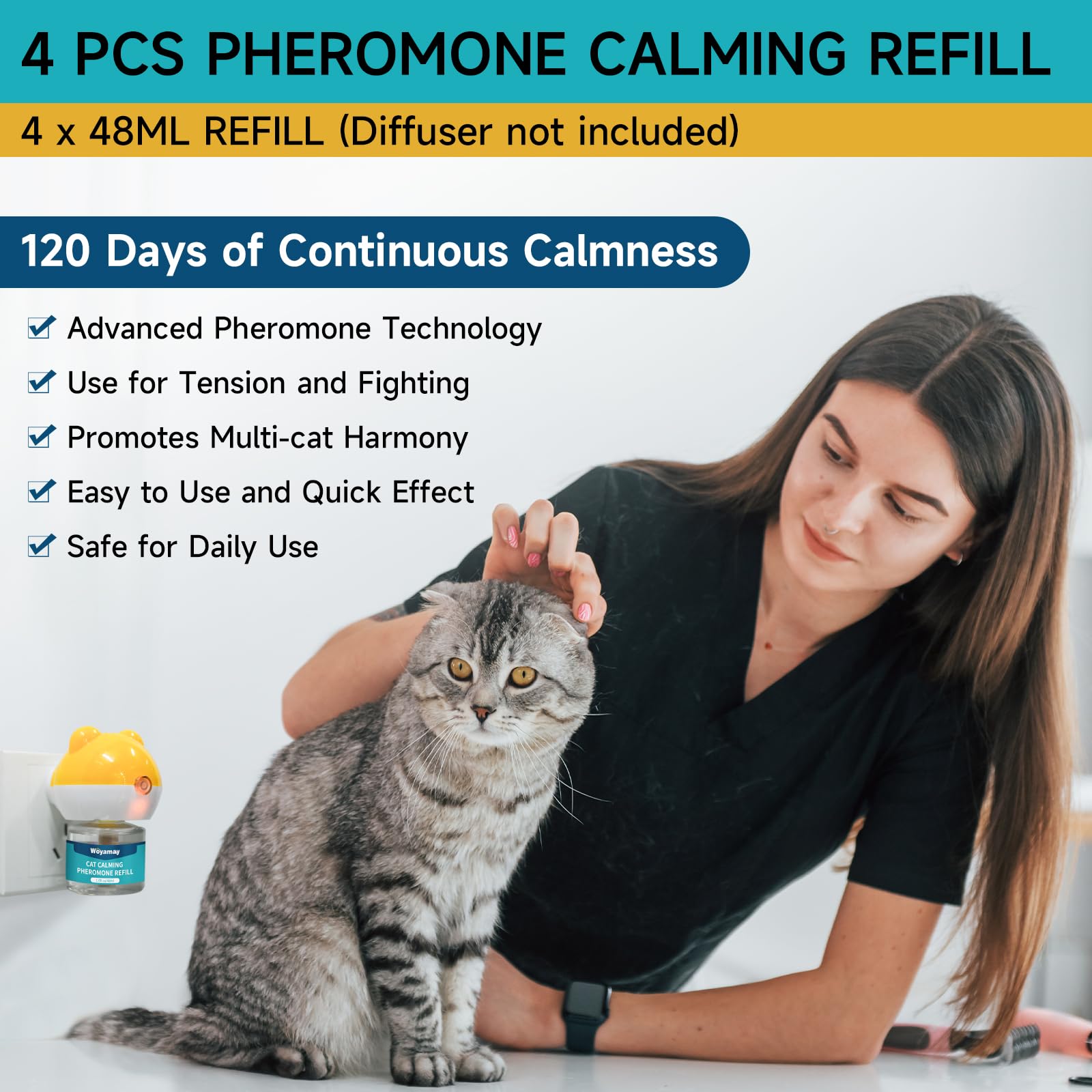 Woyamay Cat Calming Diffuser Refills - 4 Pack Pheromones for Cat Anxiety Relief, 120 Days, Fits All Diffuser Heads