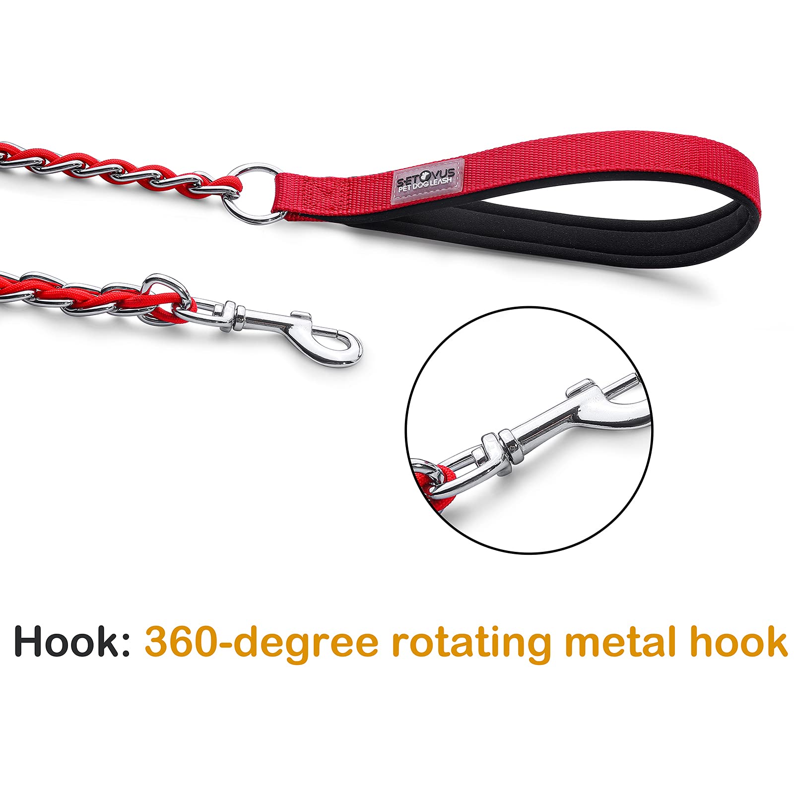 Chew Proof Metal Leash Chain Dog Leash For Medium Large Dogs, Chain Link Dog Leash Anti Chew 5.2Ft Strong Anti Bite Dog Leash Comfortable Soft Padded Handle Red