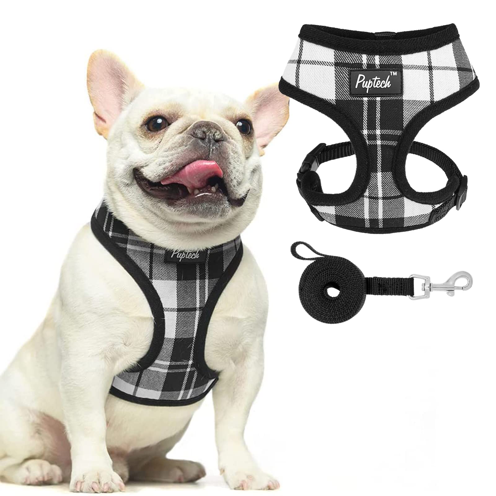 Pupteck Soft Mesh Dog Harness And Leash Set Pet Puppy Cat Comfort Padded Vest No Pull Harnesses, Black&White, M