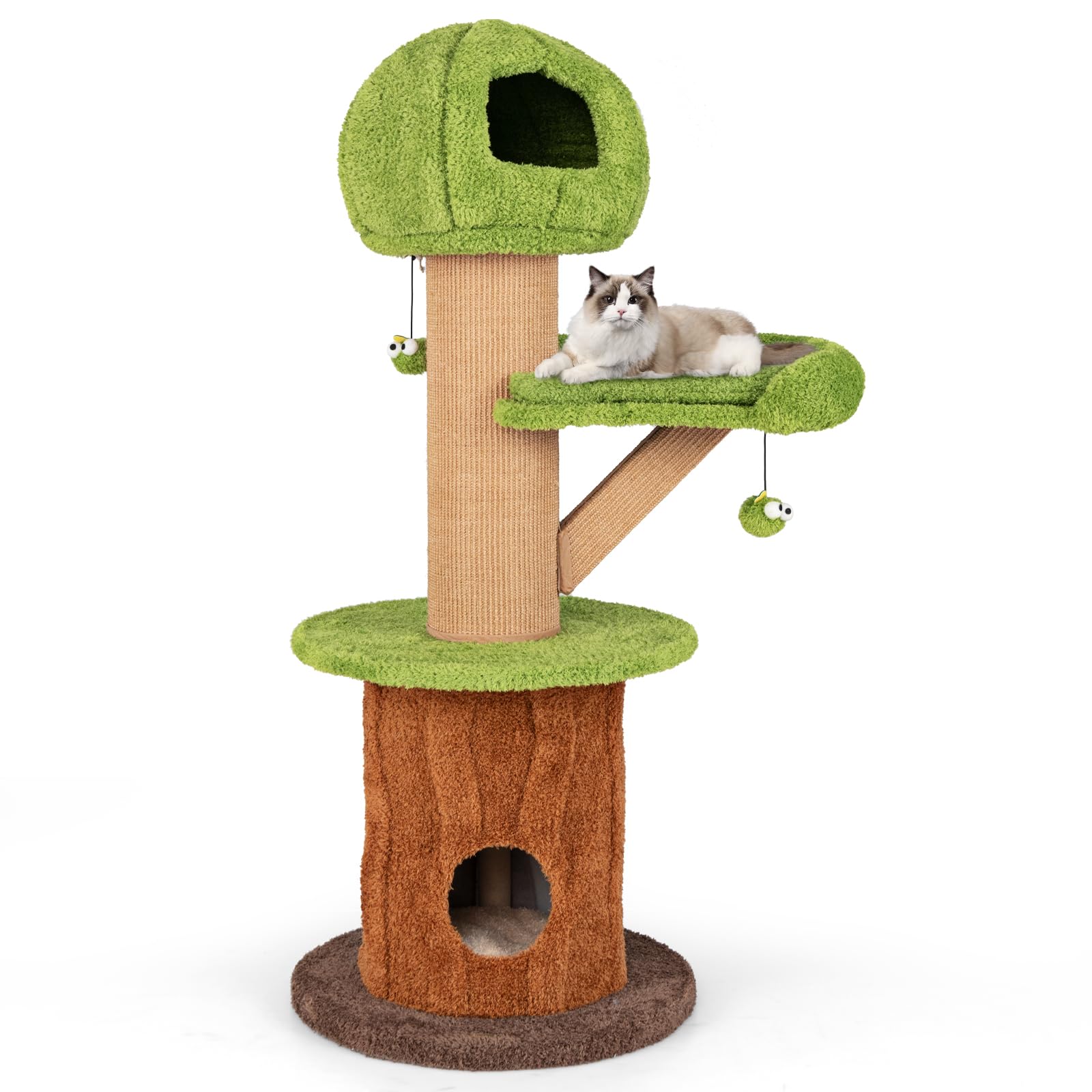 PETSITE 58 Inch Forest-Themed Cat Tree, Multi-Level Cat Tower with 2 Cute Condos, Plush Perch, Teasing Balls, Sisal Posts, Hidde