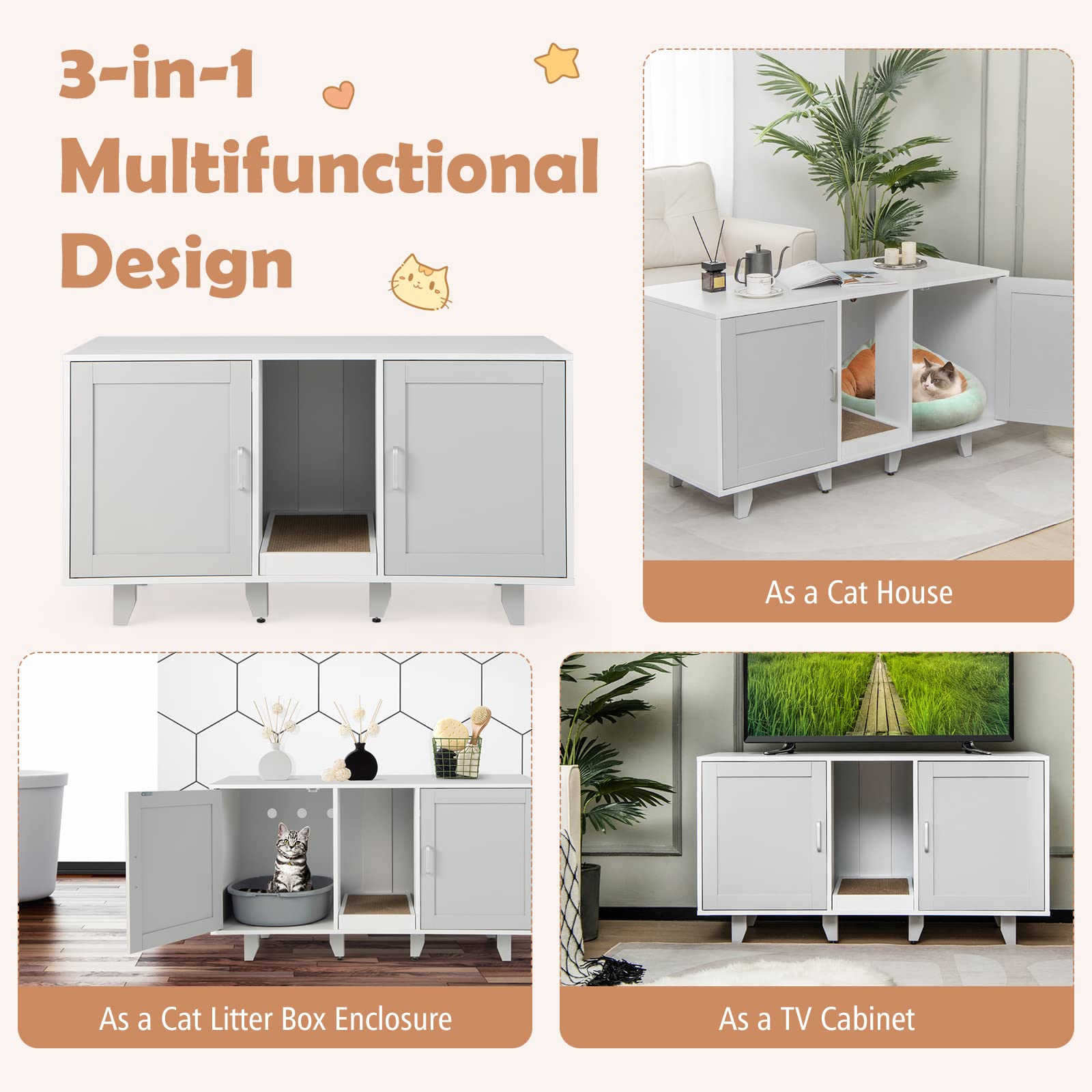 Petsite Litter Box Enclosure For 2 Litter Boxes, Hidden Cat Washroom Tv Stand End Table With 2 Cabinet, Scratching Board, Indoor Cat Litter Furniture Grey