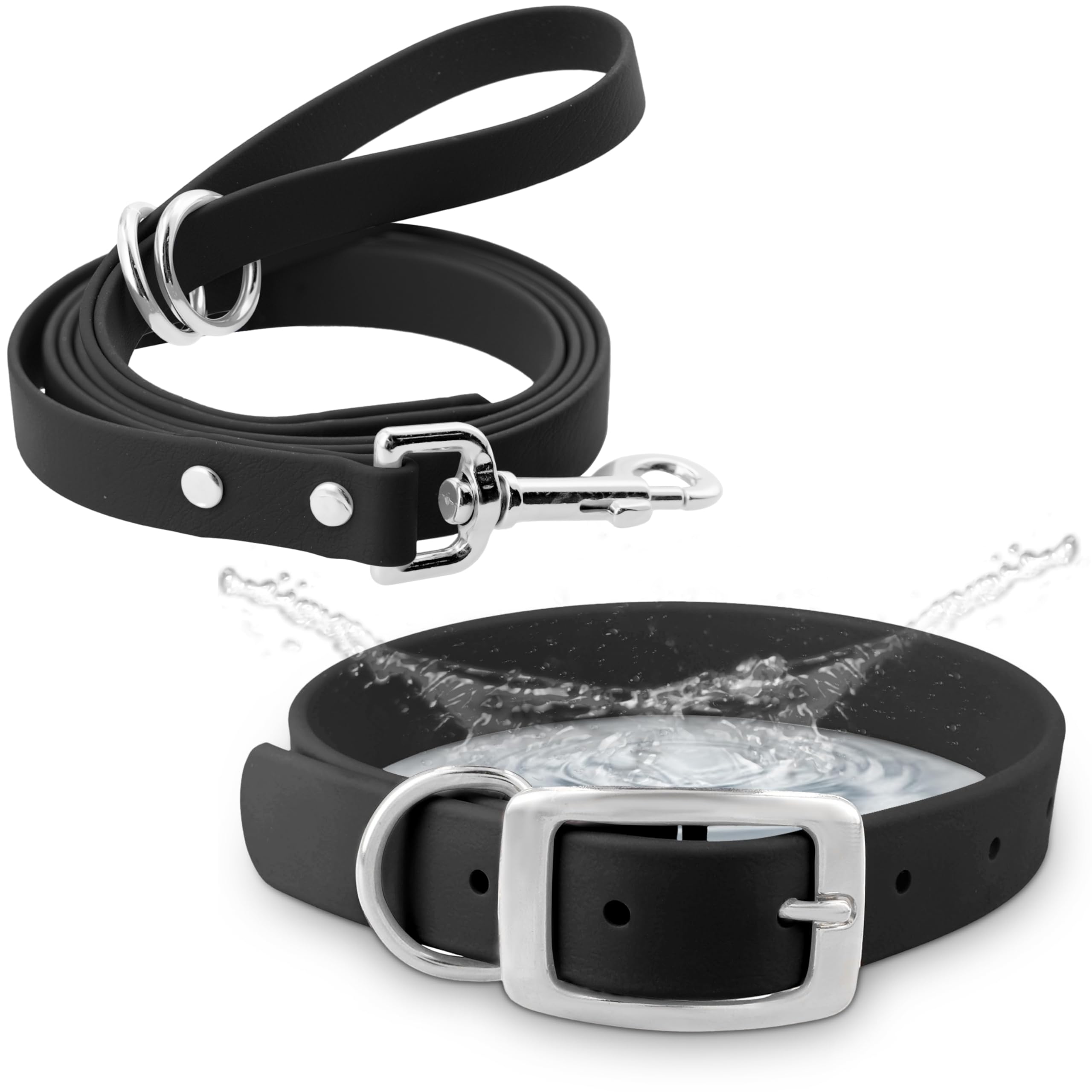 Regal Dog Products Large Black Waterproof Dog Collar and Leash Set | Heavy Duty Double Buckle & D Ring - 5'ft Leash | Adjustable