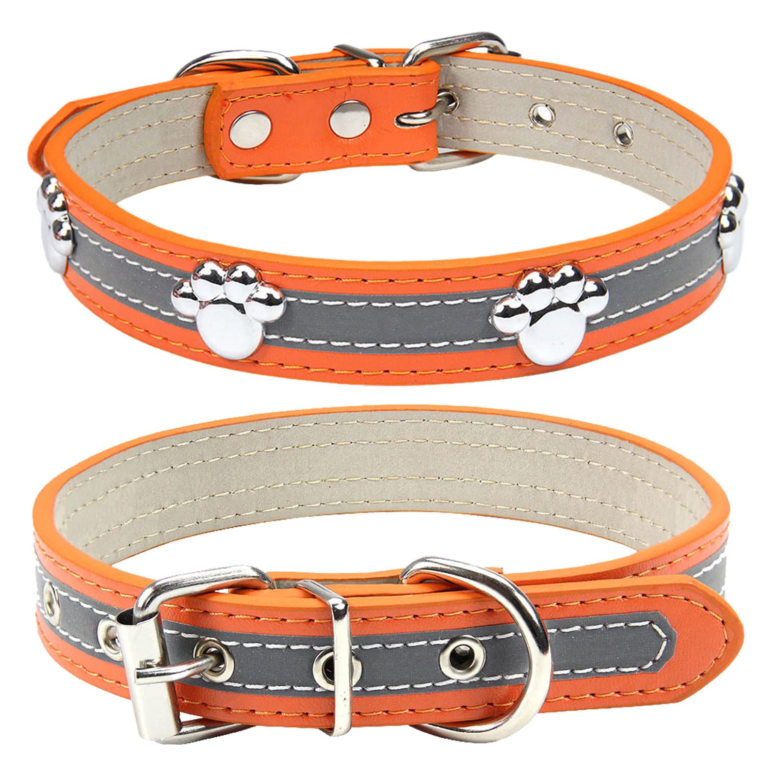 Petcare Reflective Dog Collar With Cute Paw Rivet Studded Funny Soft Pu Leather Adjustable Puppy Dog Collars For Small Medium Large Dogs Cats (Orange,Xx-Large)