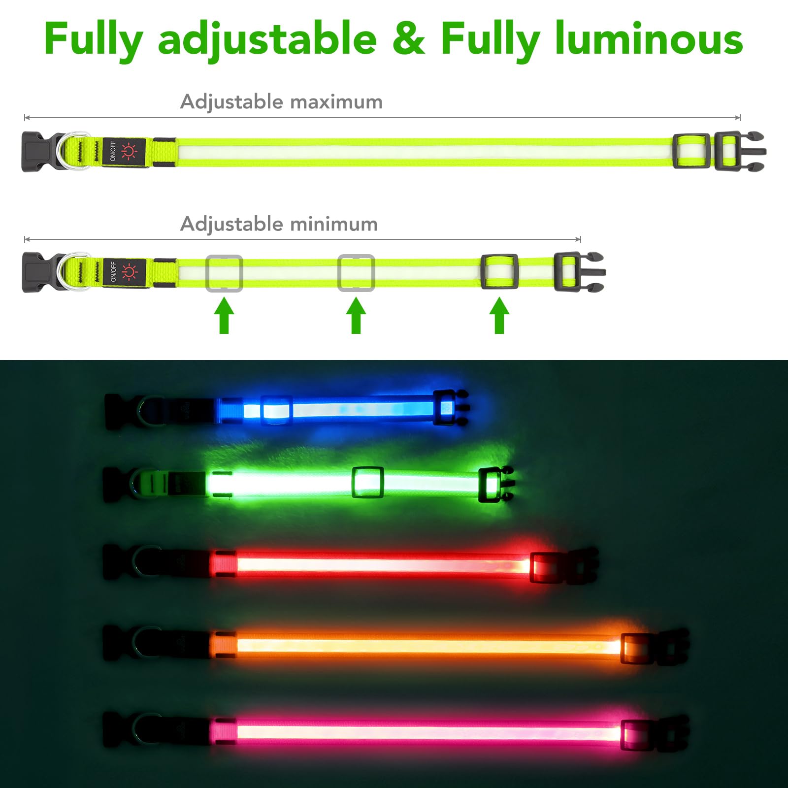 VIZPET LED Dog Collar - USB Rechargeable, 100% Waterproof, Large (18.89-23.62 in), Green, Super Bright Safety Light