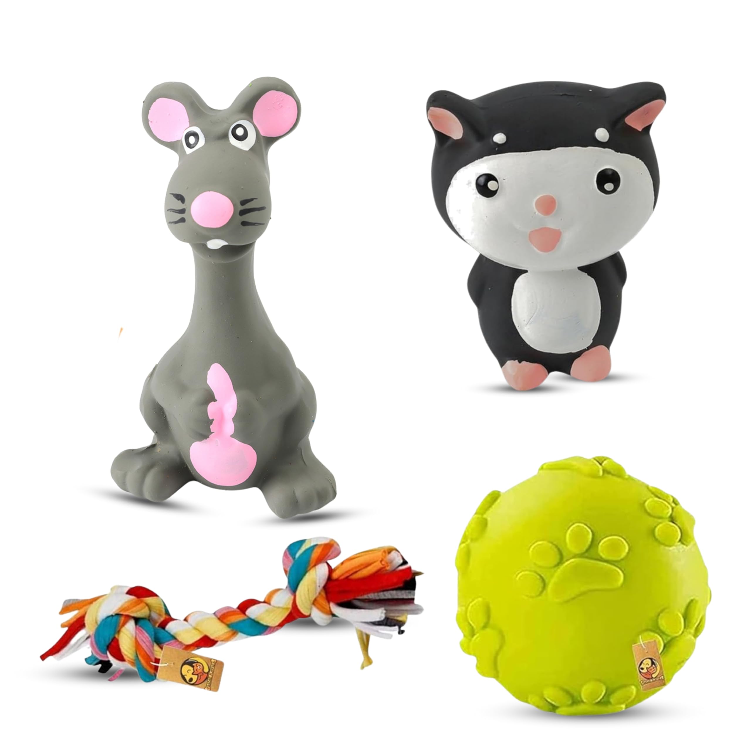 Foodie Puppies 4in1 Squeaky Chew Rope Dog Toys Combo  (Claw Ball, Kitty, Grey Mouse & 2Knot Rope) Soft Rubber, Interactive, Che