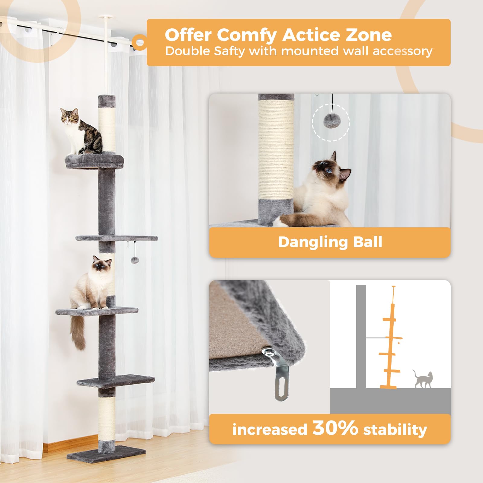 PETEPELA Cat Tower 5-Tier Adjustable Climbing Tree 95-107" Grey Engineered Wood with Scratching Post & Interactive Ball Toy