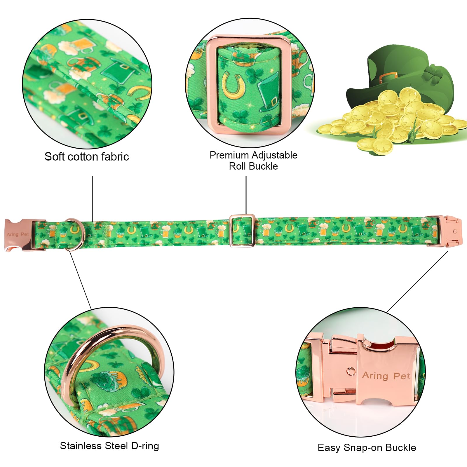 Aring Pet St Patrick'S Day Dog Collar-Green Lucky Clovers Dog Collar With Bow, Adjustable Shamrock Bowtie Dog Collars Trefoil Pe