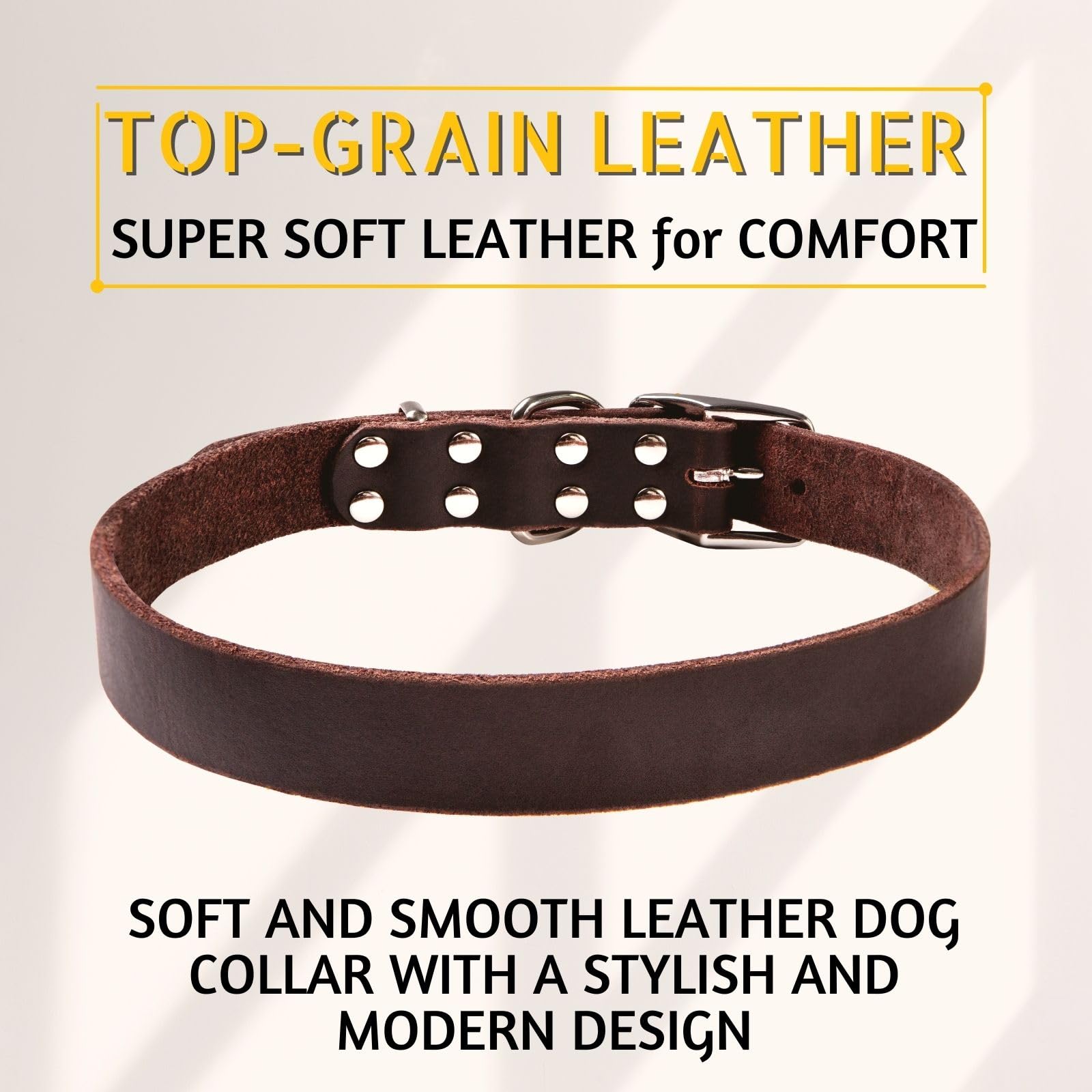 ADITYNA Leather Dog Collar for Large Dogs - Soft Top-Grain Leather, Brown, 19-24 inches, Classic Style