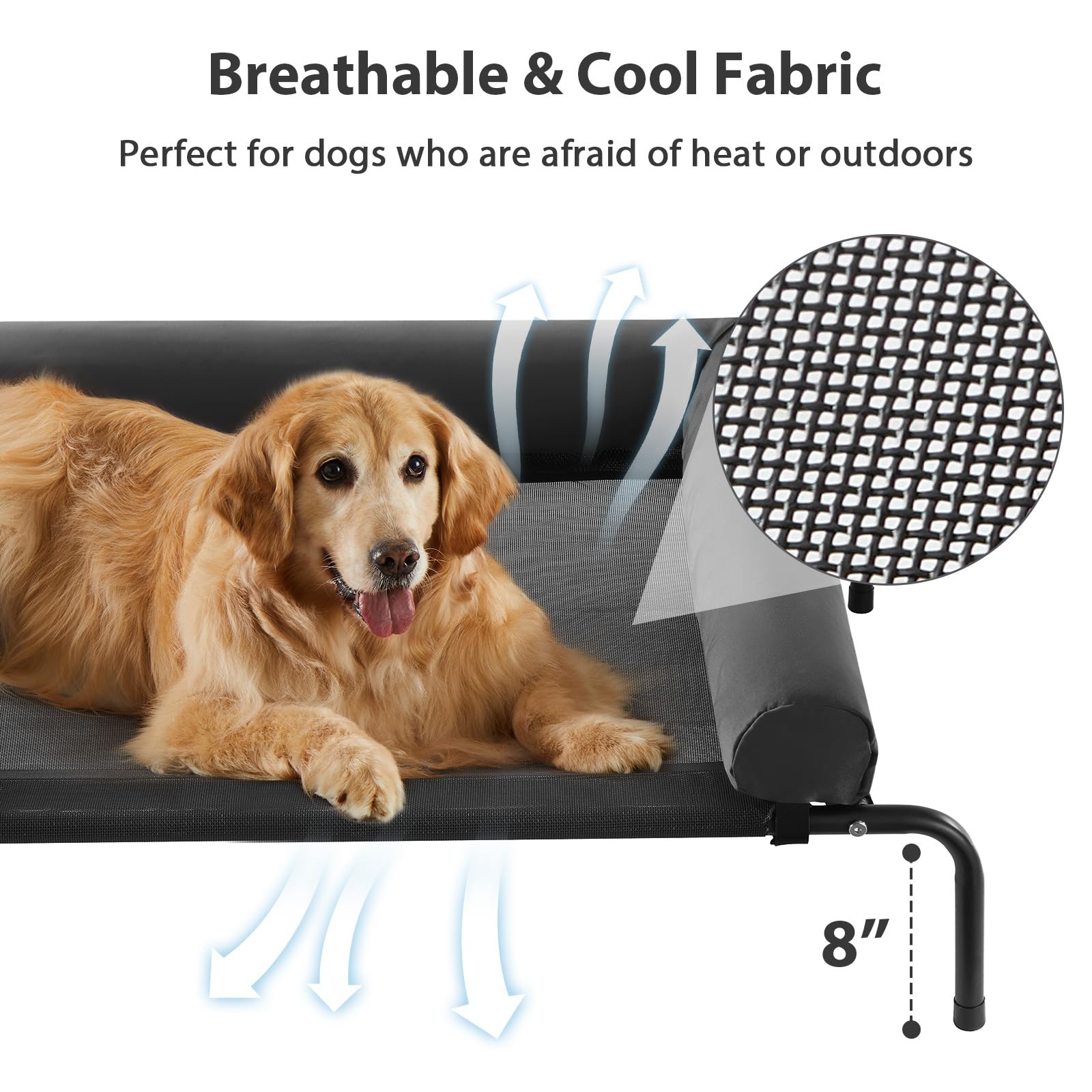 RRPETHOME Large Elevated Cooling Dog Bed, Portable Chew Proof Cot, 36"x26", Black, Breathable Mesh, Skid-Resistant Feet