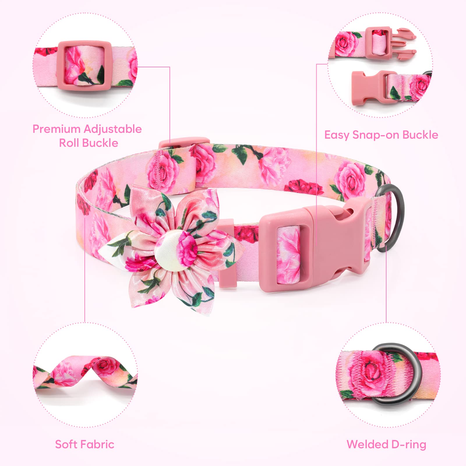 Pink Floral Girl Dog Collar With Rose Flower Bow Tie For Cute Girl Female Cats, Small Medium Large Dogs Spring Summer Season For Your Furbaby