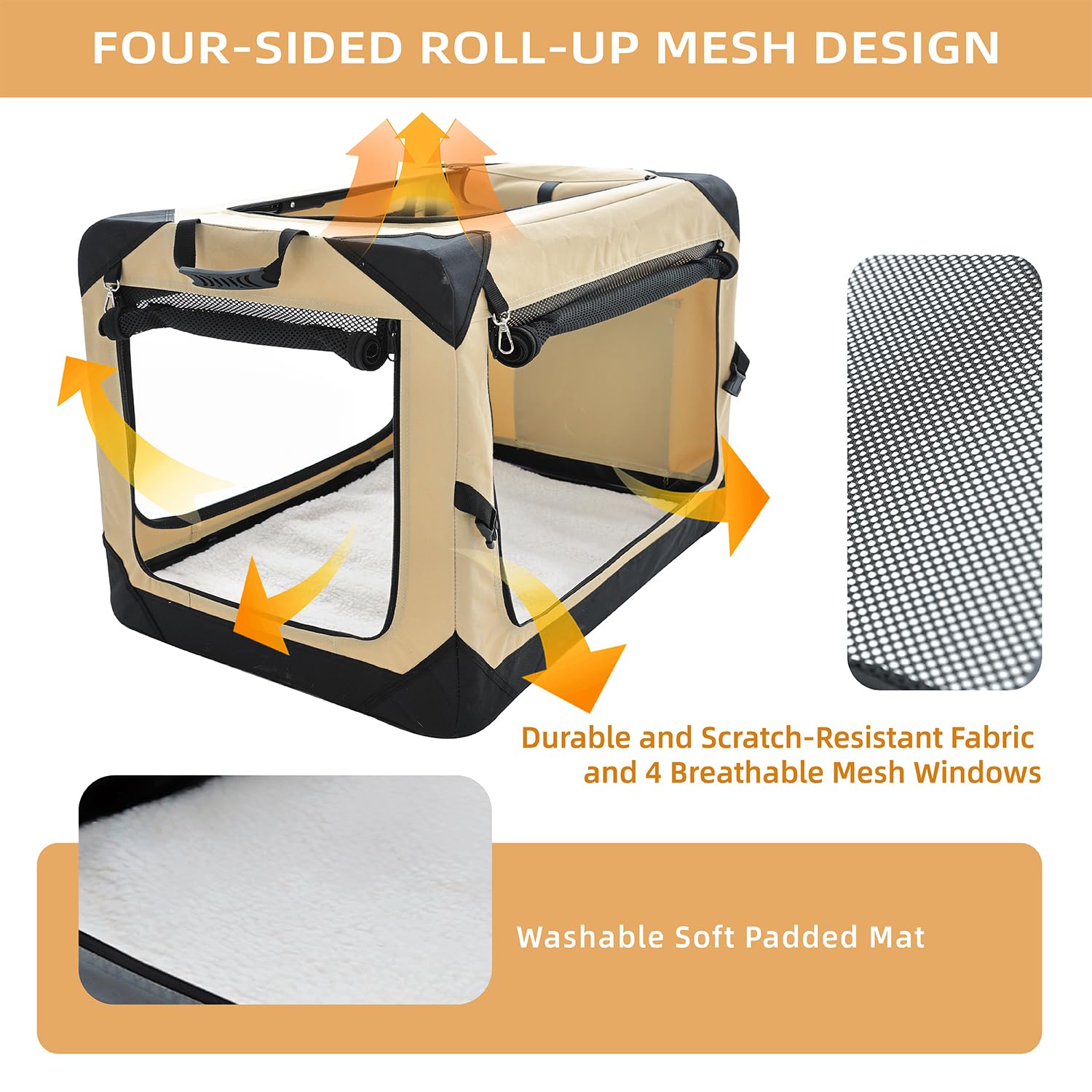 Pettycare 42 Inch Collapsible Dog Crate For Large Dogs, 4-Door Foldable Soft Dog Kennel With Chew Proof Mesh Windows, Indoor & Outdoor Travel Dog Crate, Soft Side Dog Crate,Beige