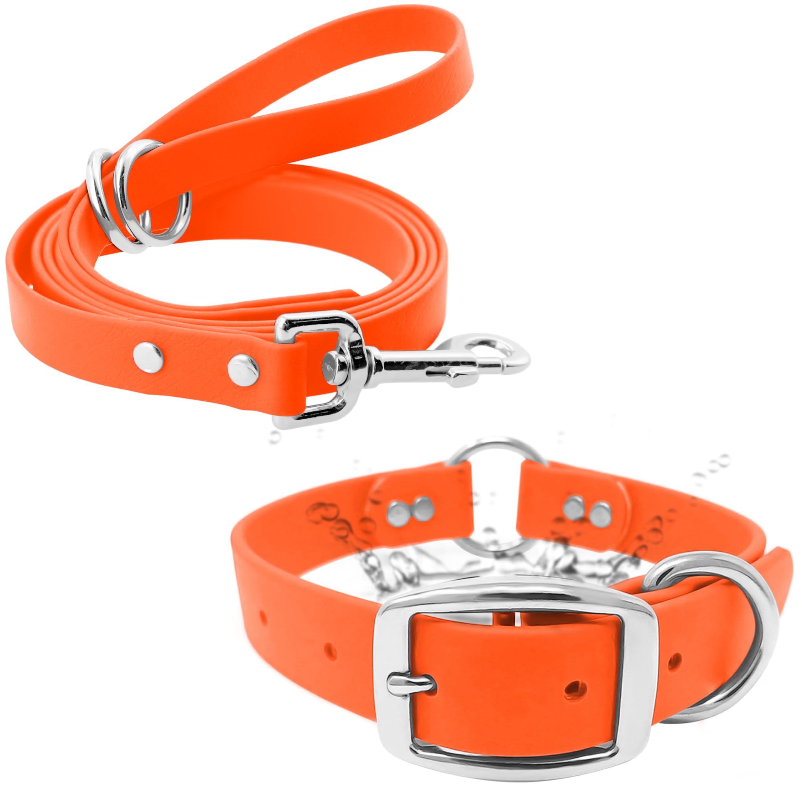 Regal Dog Products Large Orange Waterproof Dog Collar And Leash Set - Vinyl Coated Biothane Pet Training Collar With Heavy Duty 