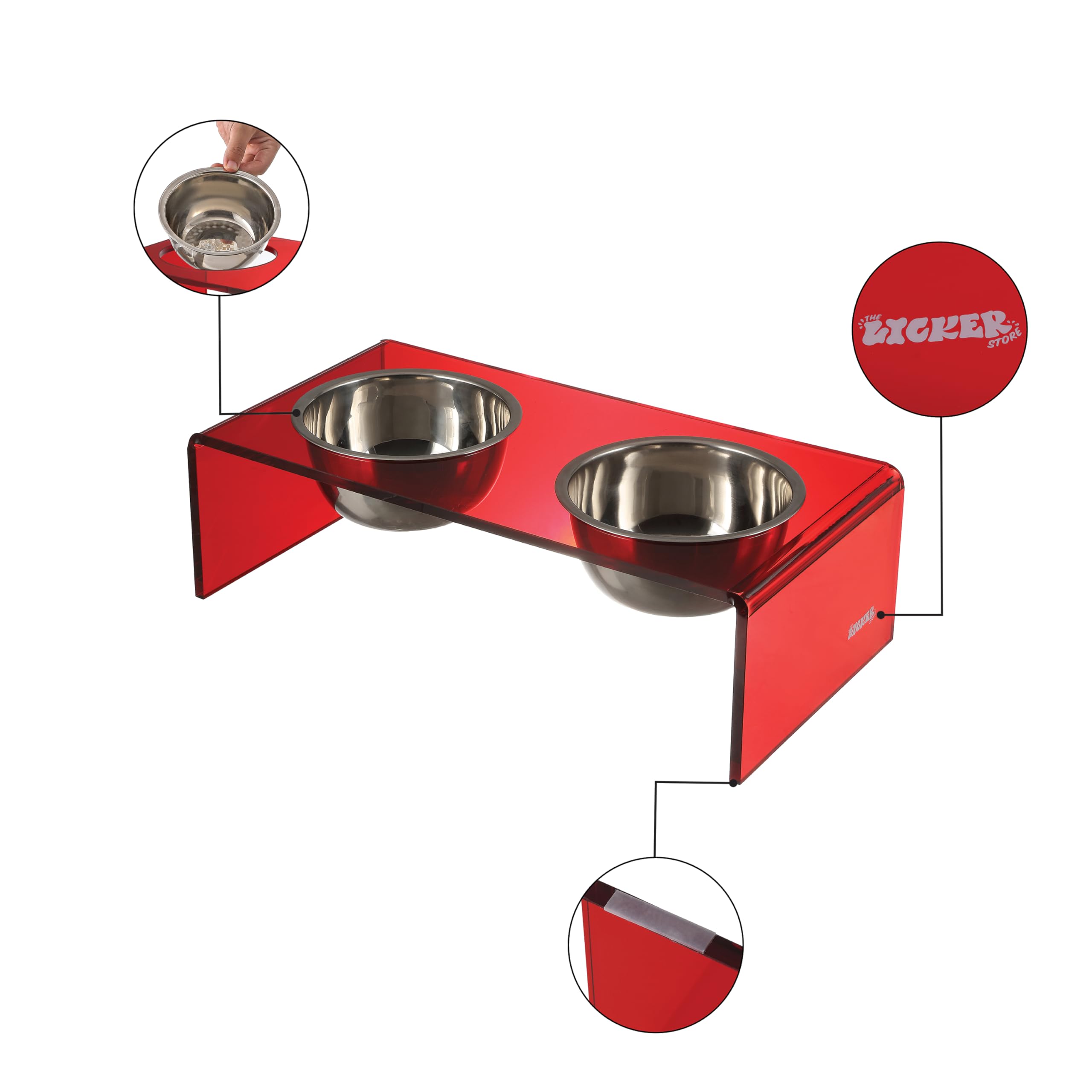 The LICKER Store DBL2000H Keaton 5 Small/Medium Modern Acrylic Rectangular Elevated Pet Feeder with 20oz 2-Stainless Steel Bowls