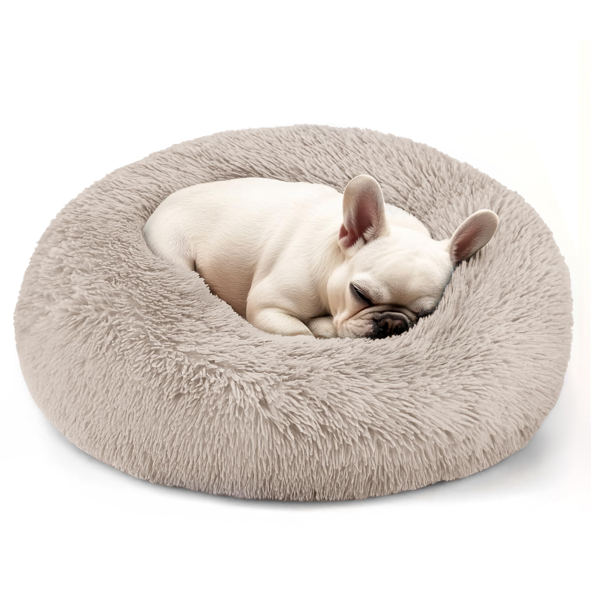 Dogs Bed for Small Dogs, Anti-Anxiety Washable Round Bed (Brown, 24.0 L x 24.0 W x 8.0 Th)