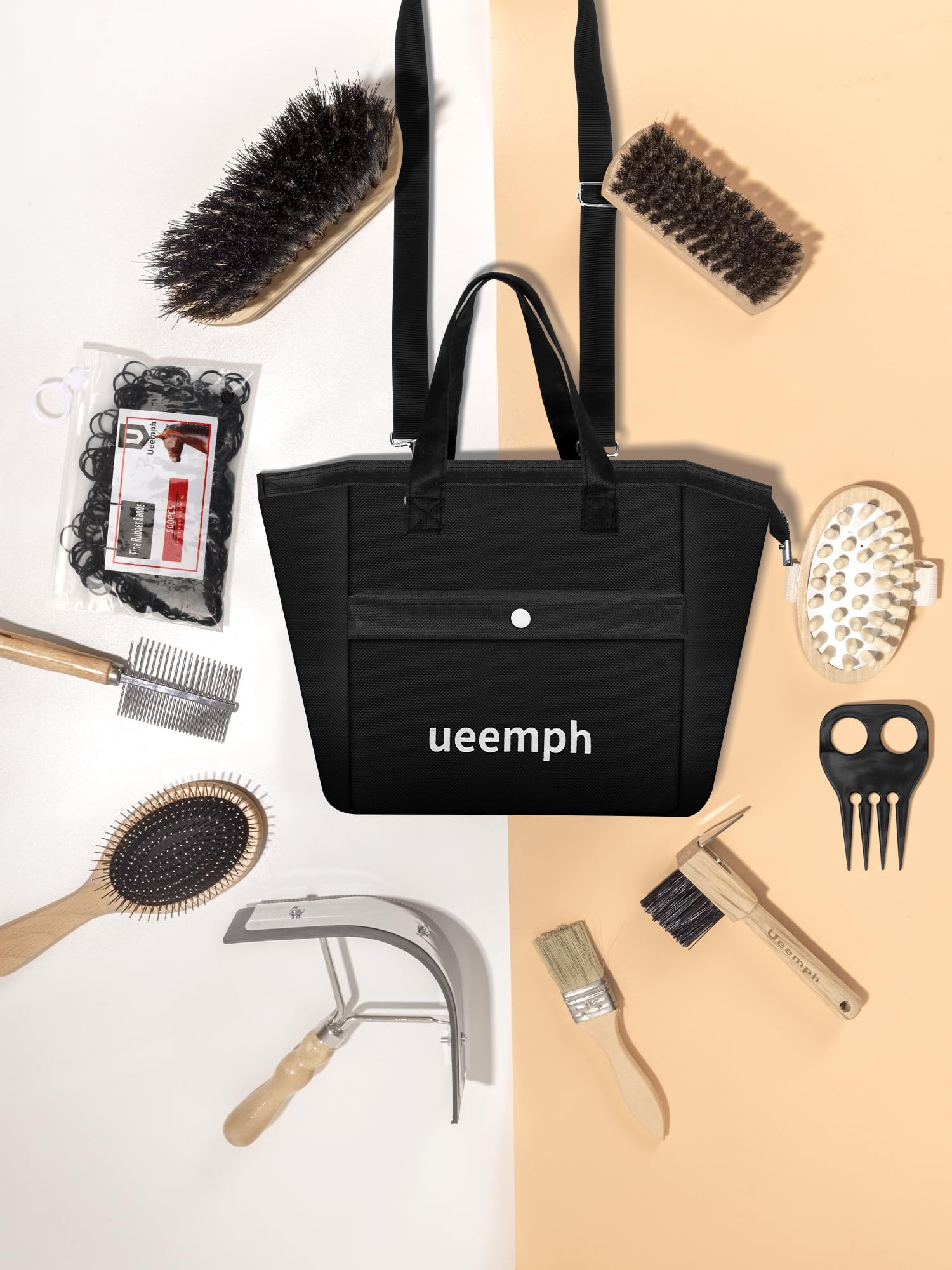 Ueemph Horse Grooming Kit - 12-Piece Set, Black Brushes, Storage Bag, Gloves, Mane Comb - Perfect Horse Gifts for Girls