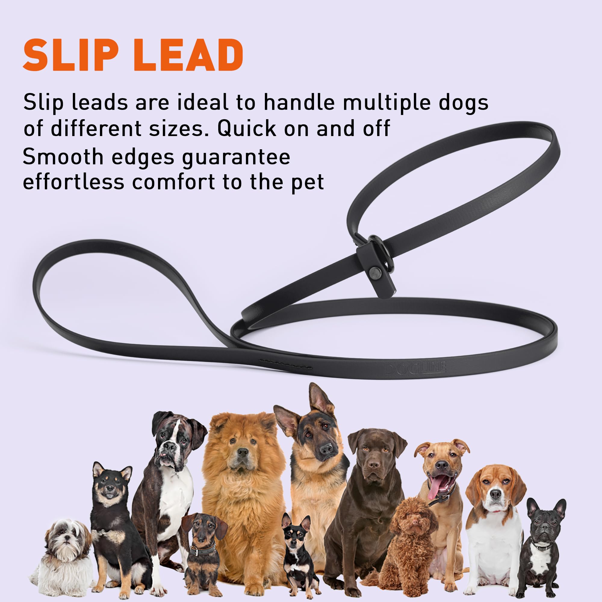 Dogline Biothane Slip Dog Leash - For Small, Medium And Large Dogs - Odor Free Slip Lead, Heavy Duty And Durable Material Kennel Lead - Black - 7Ft L X 1/2In W