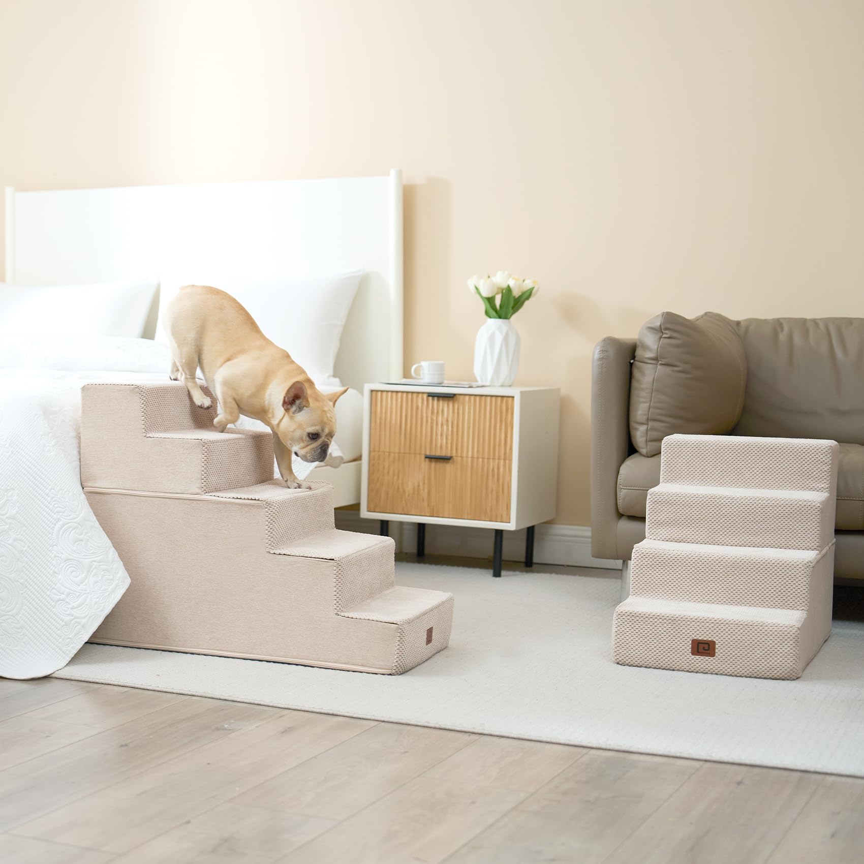 EHEYCIGA Dog Stairs, 5-Step Non-Slip Ramp for High Beds, 22.5”H, Beige Fleece, Ideal for Small Dogs and Cats