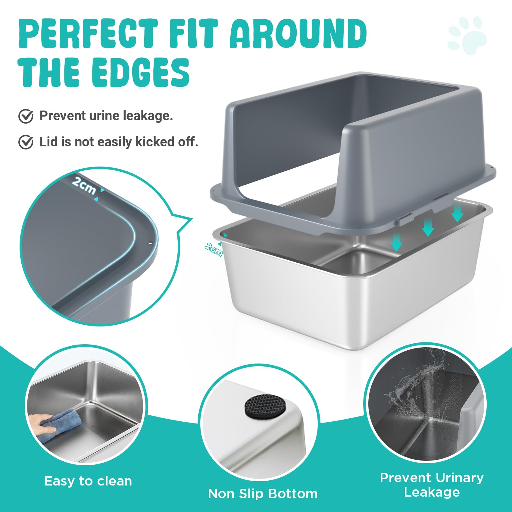 Lihoooom Litter Box With Lid, Stainless Steel Litter Box, 12'' Metal Litter Pan High Sides, Small Litter Tray For Kittens, Cat L