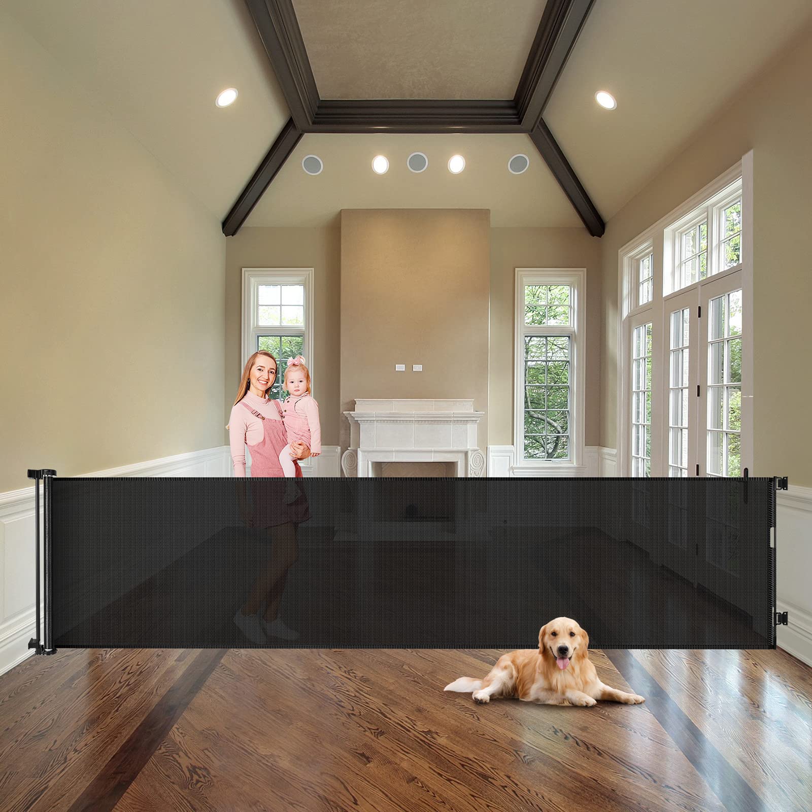 Womhom 100 Inch Extra Wide Baby Gate For Large Opening Retractable Baby Gates For Dogs Indoor Safety Gate Dog Gates For The House Extra Long Baby Gate For Stairs Outdoor Mesh Large Pet Gate (Black)