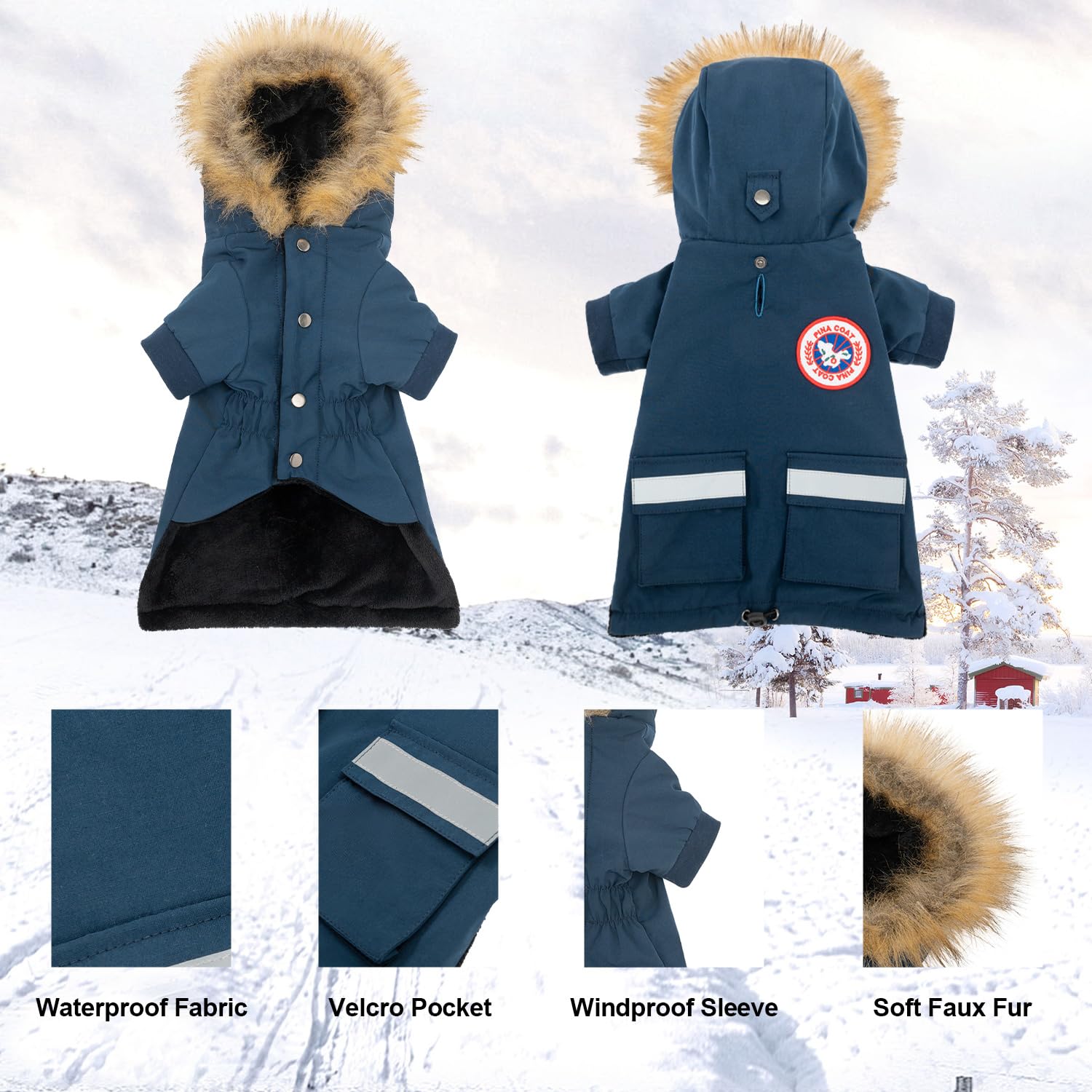 PINA Small Dog Coats - Waterproof, Warm Winter Jacket with Faux Fur Hood & Pocket