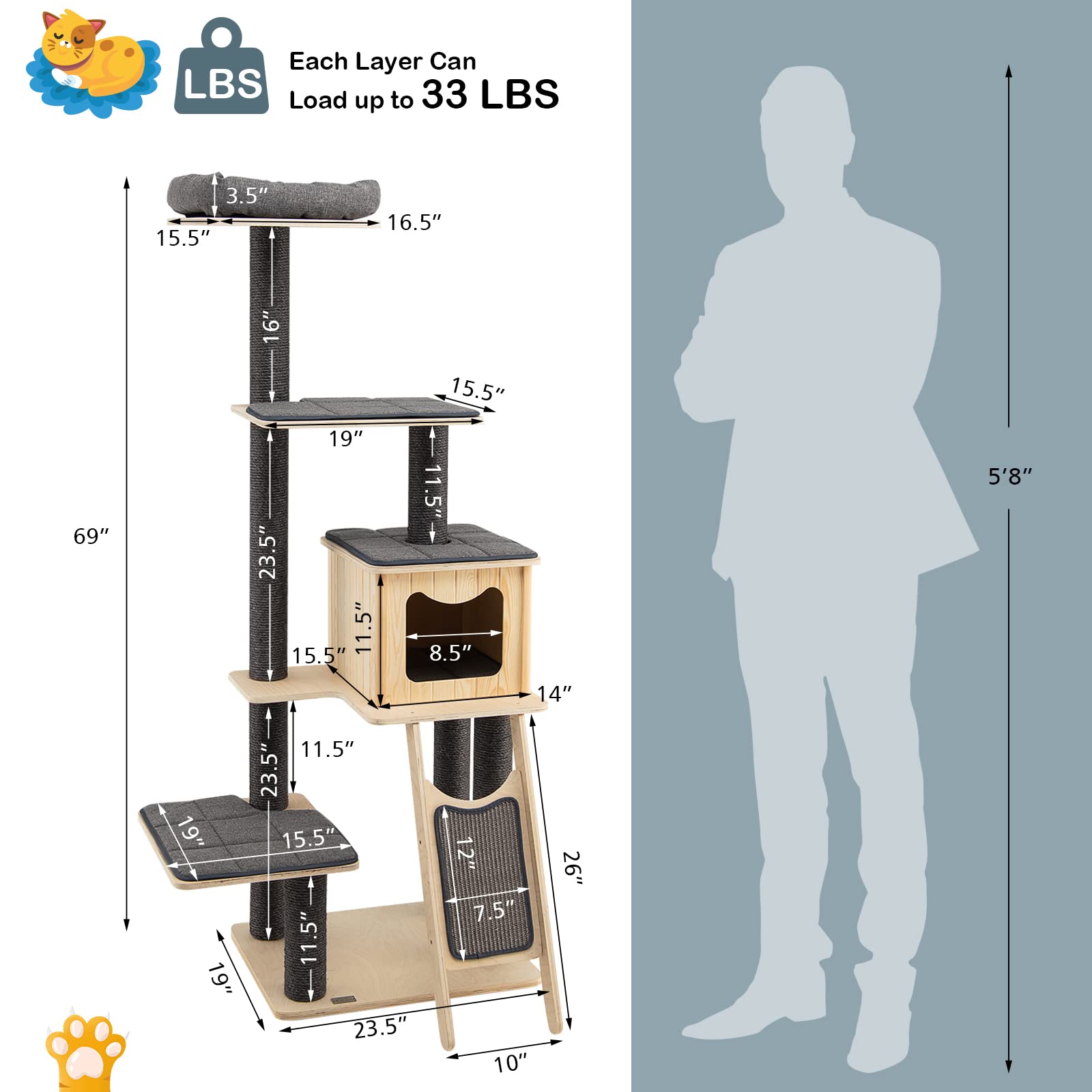 Petsite 69' Tall Wooden Cat Tree Tower, Modern Cat Activity Center Tree With Sisal Posts & Scratch Board, Condo & Top Perch For Kitchen & Large Cat, Grey