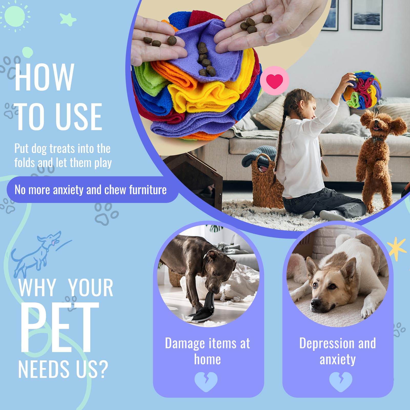 Larimuer Pet Snuffle Ball - Interactive Dog Puzzle Toy For Blind Dogs Training, Stress Relief, Enrichment - Machine Washable (20