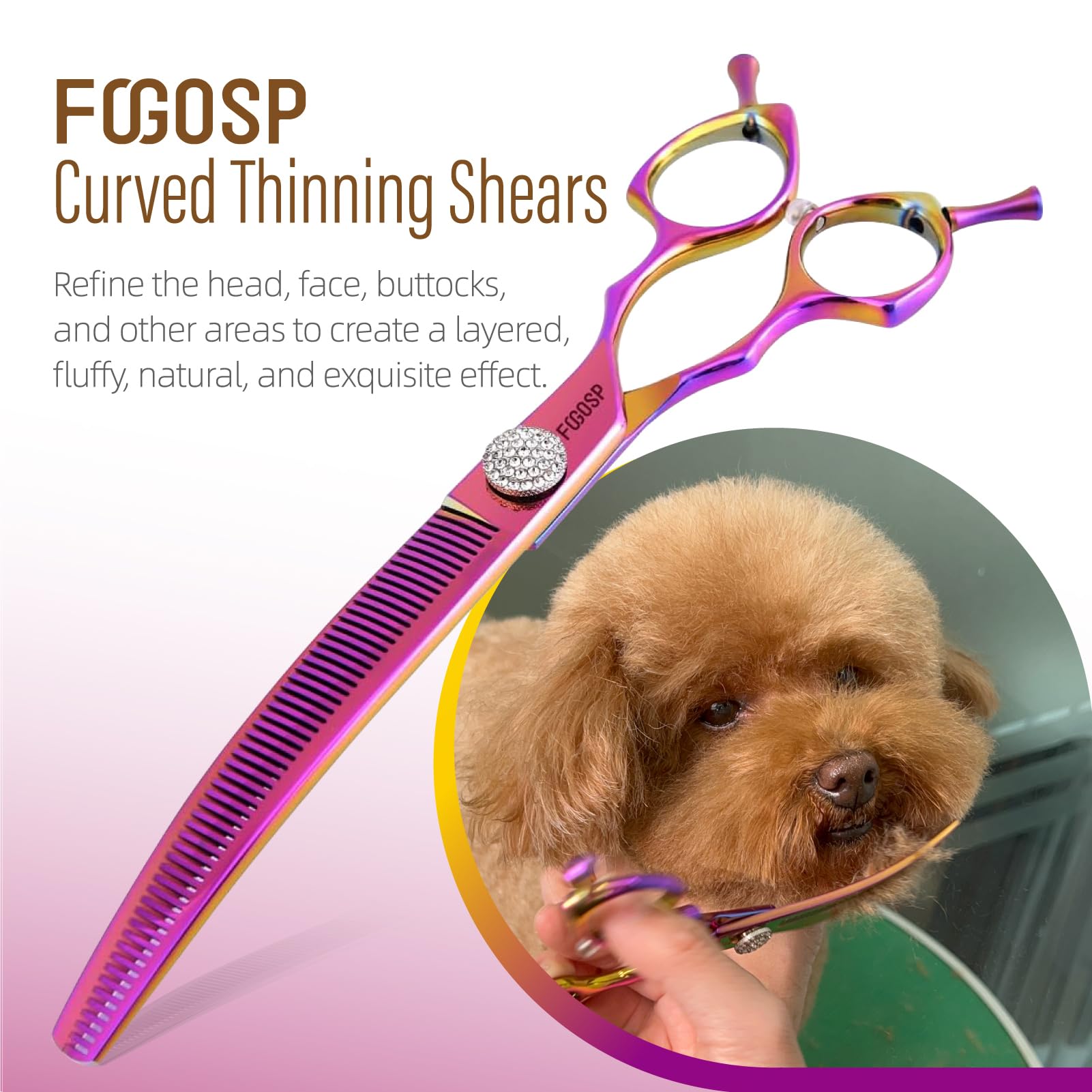 FOGOSP 45° Curved Dog Grooming Scissors, Stainless Steel, 7.5 in, Matte Finish, Curved Thinning Shears 2PCS Combo, Rose Red