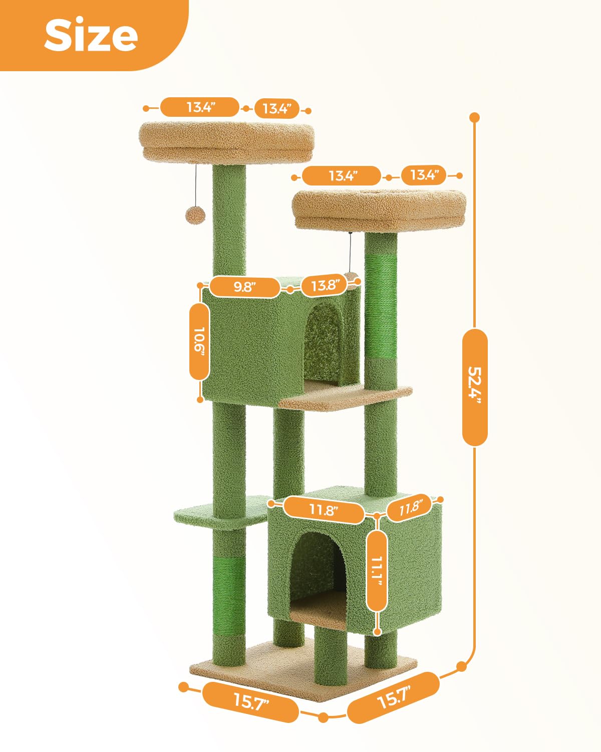 Muttros Cactus Cat Tree, 52.4'' Cat Tower For Indoor Cats, Cute Cat Tree With 2 Padded Perches, 2 Condos & 2 Scratching Posts, G