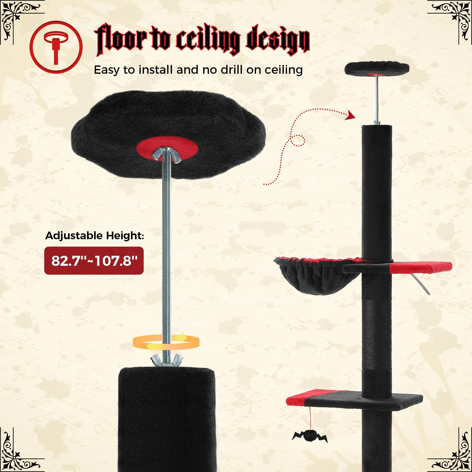 Petepela Floor To Ceiling Cat Tree, Gothic Cat Tower 5 Tiers Tall (83-108 Inches) Adjustable Height, Cats Climbing Tree Featurin