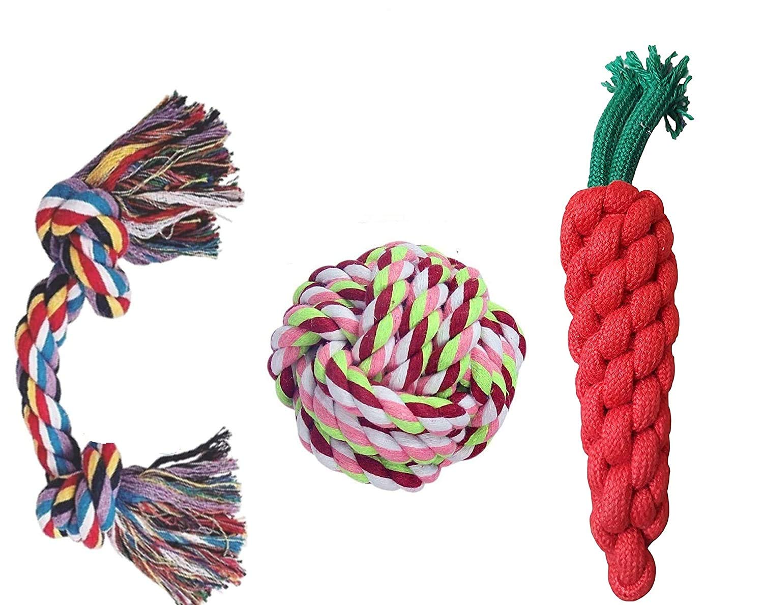 Psk Pet Mart Combo Of 3 Durable Rope Toys For Puppy |Carrot Rope|2 Knot 2 Ring Rope|Rope Ball Rope Toys For Dogs & Puppies (Comb
