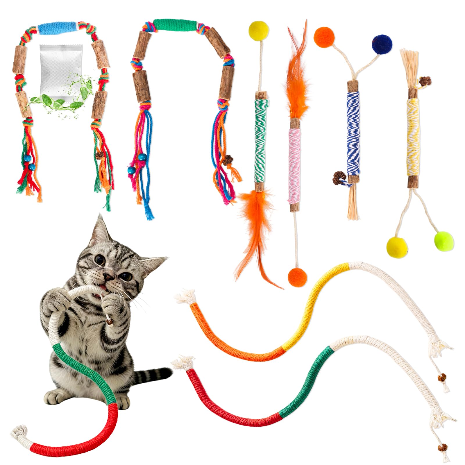 Uyubao Silvervine Sticks For Cats & Cat Chew Rope Toy With Refillable Natural Silvervine&Catnip Bag For Teeth Cleaning, Interact