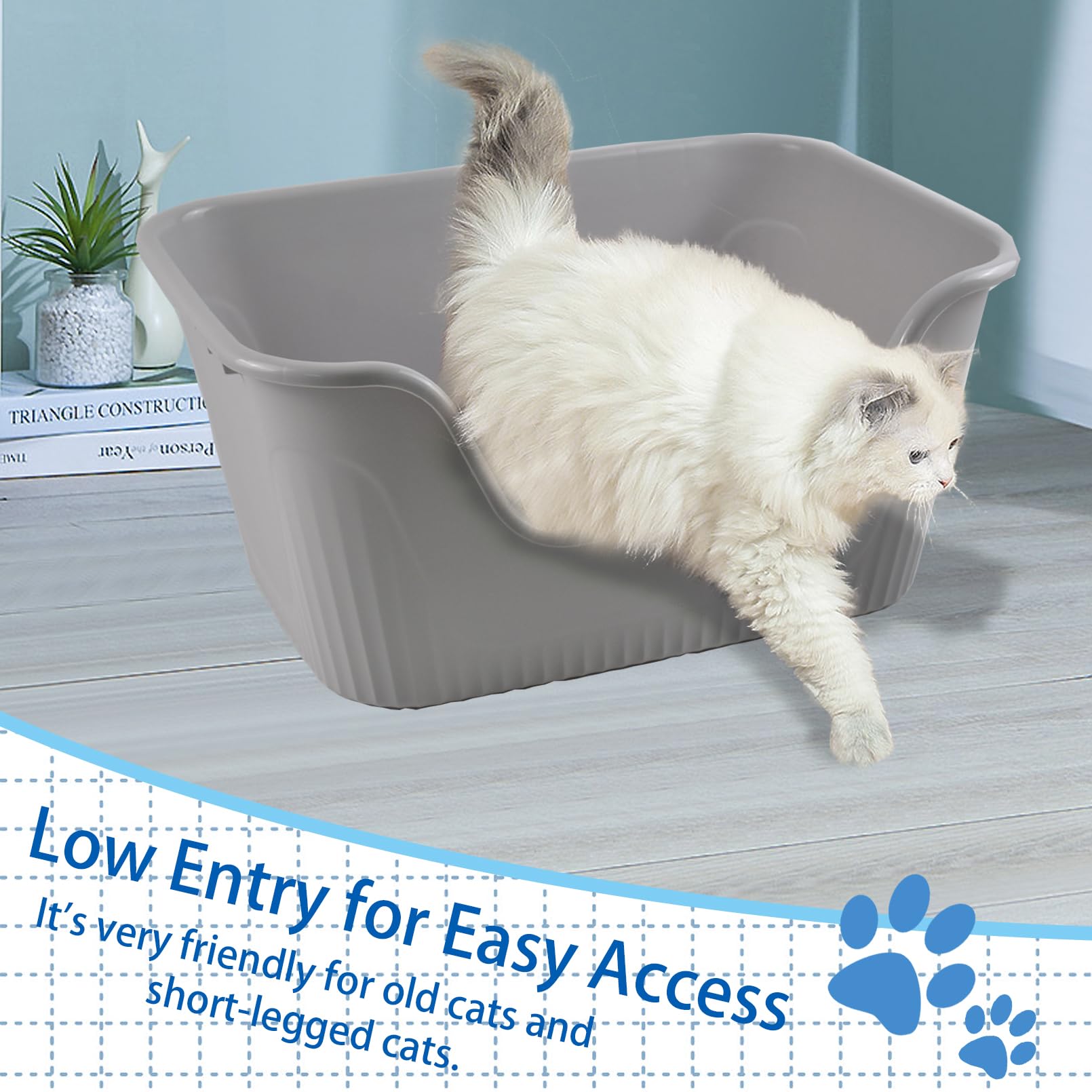 Muyg Extra Large Litter Box 21.45 X 16.14 X 10.43 Inches, Cat Box High Side One Piece Jumbo Litter Pan Anti Splashing Low Entry