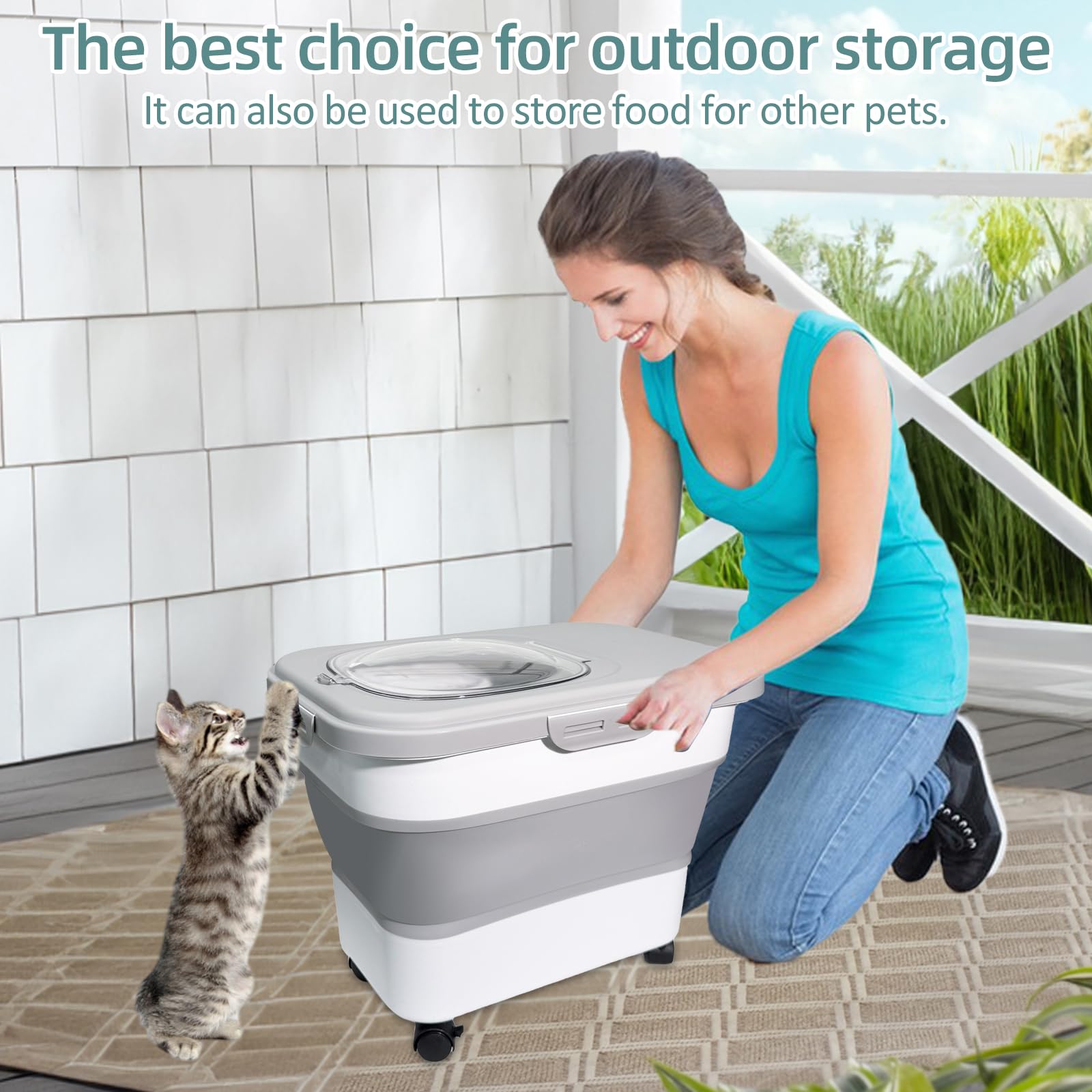SECOAT Collapsible Cat Litter Storage Container, 20 lbs, Gray, BPA Free, with Rolling Casters and Airtight Lid
