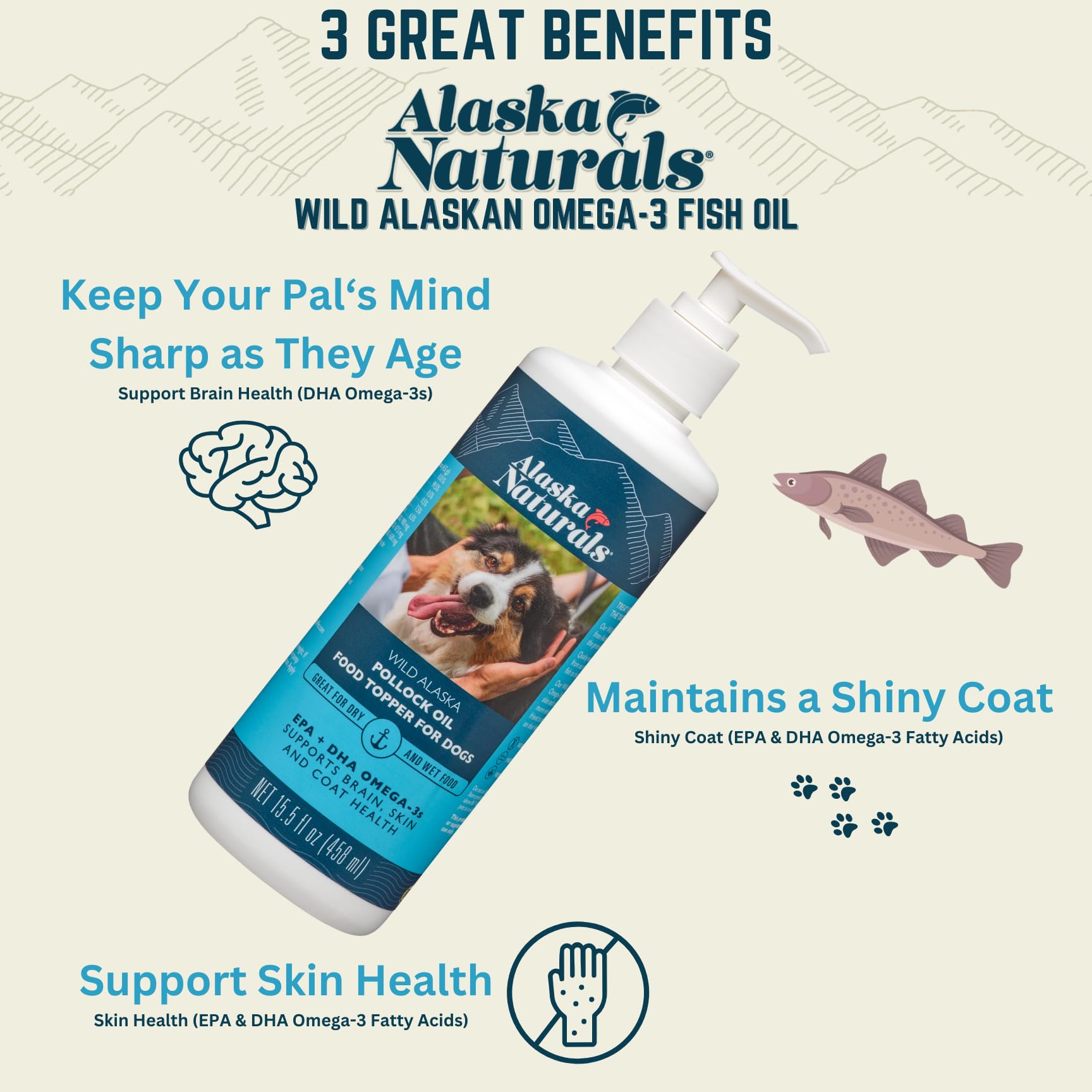 Alaska Naturals Wild Alaskan Fish Oil Supplement for Dogs Skin and Coat with EPA DHA Omega 3 Fatty Acids Sustainable Liquid Food