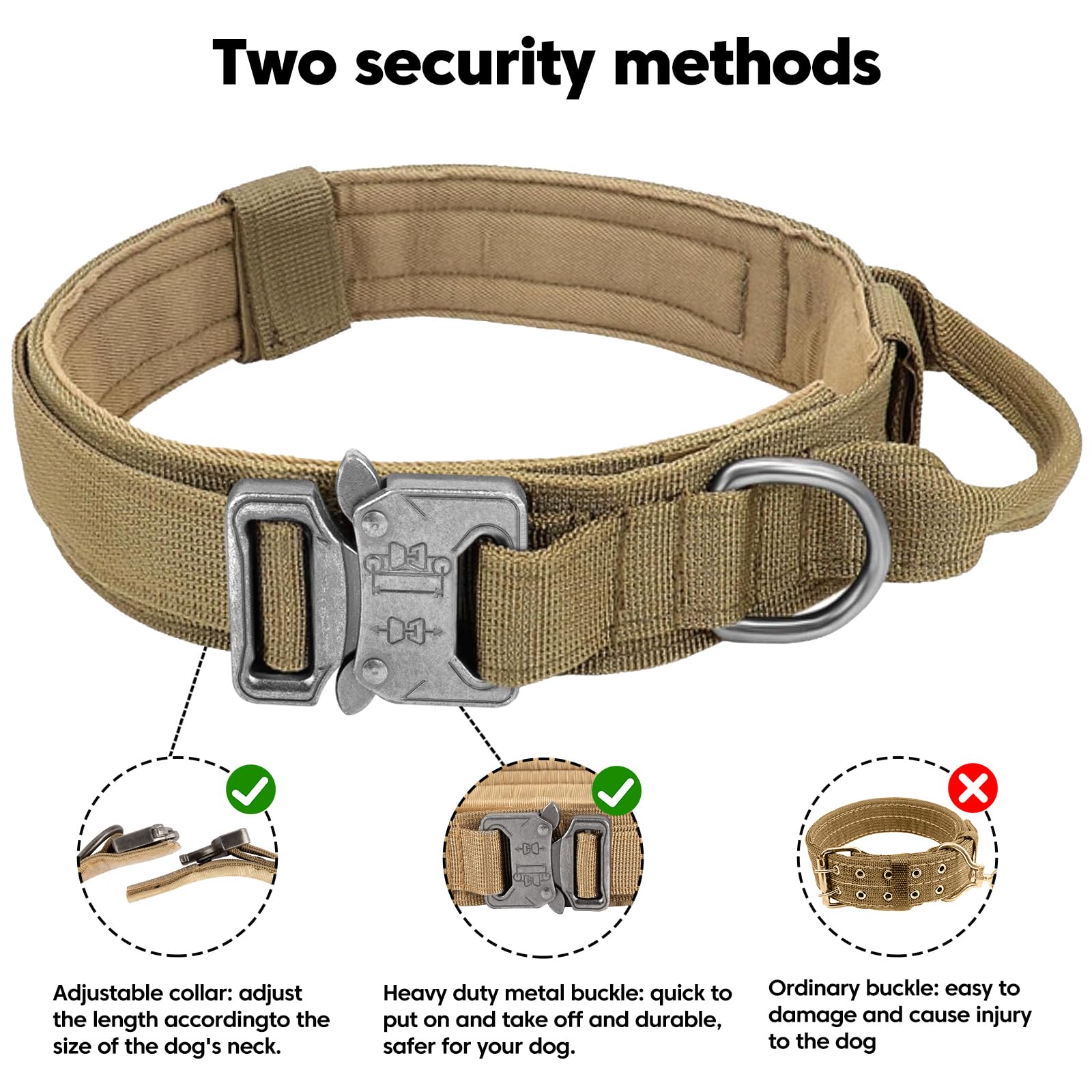 Tactical Military Dog Collar - Adjustable Nylon With Control Handle & Heavy Metal Buckle For Medium & Large Dogs (Xl, Brown) Wit