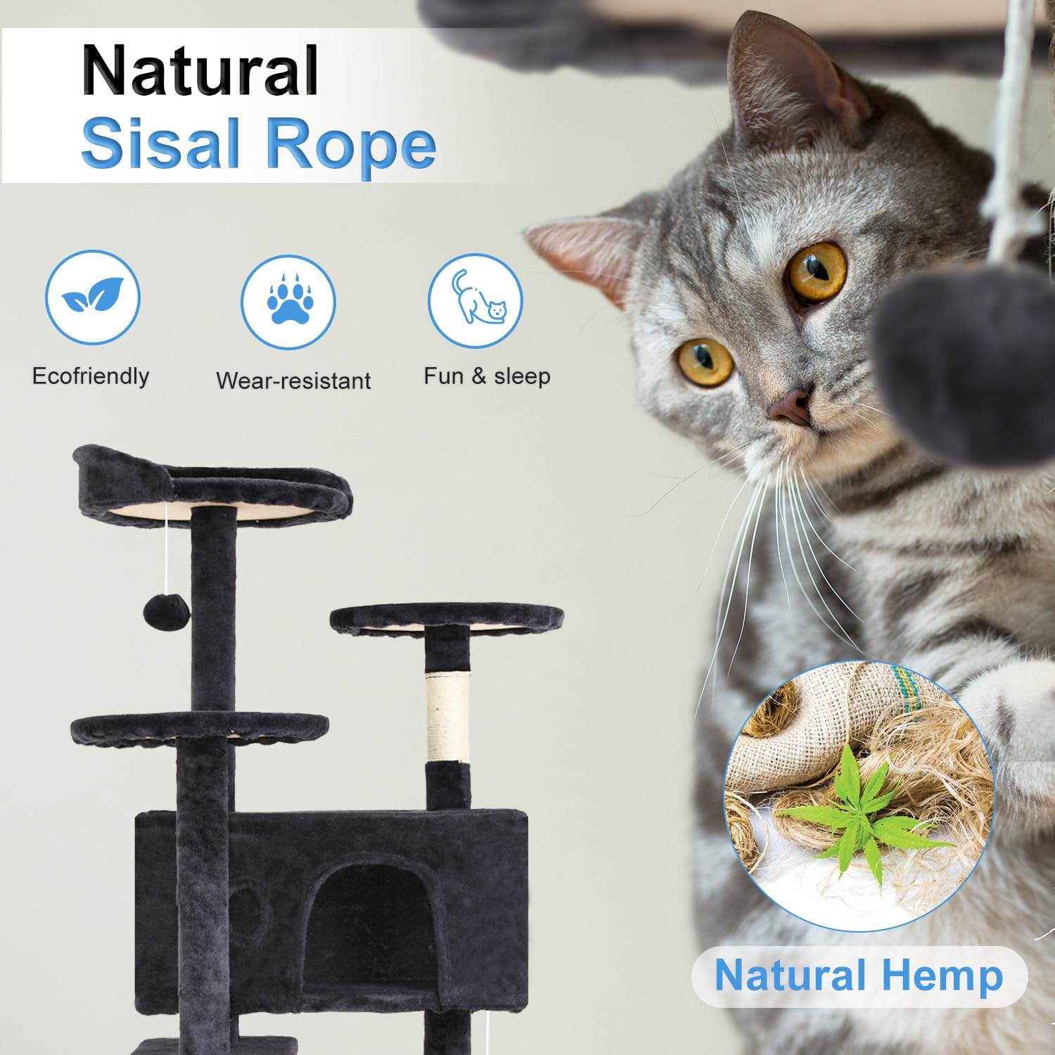 Fdw Cat Tree 54In Cat Tower Multi-Level Durable Cat Scratching Post & Cozy Fun Cat Jumping Platform Space Saving Cat Condo Pet Play House For Indoor Cats,Dark Gray