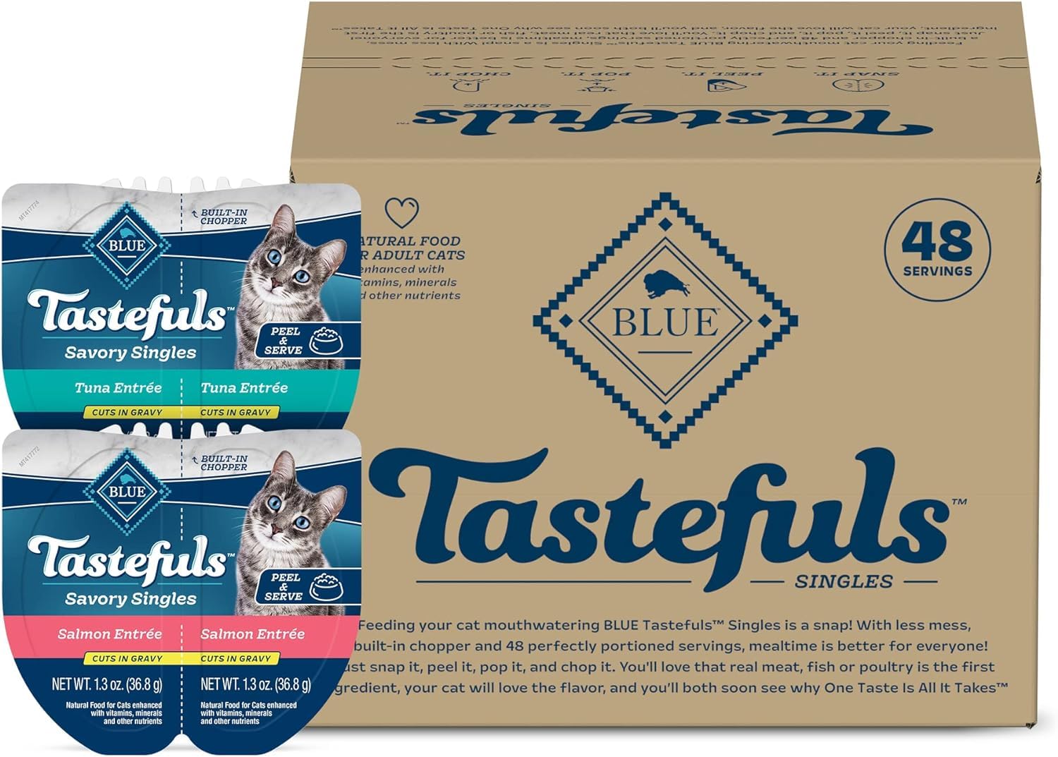 Blue Buffalo Tastefuls Savory Singles Natural Wet Cat Food Variety Pack, Salmon & Tuna Cuts in Gravy, 2.6-oz. Twin-Pack Trays (2