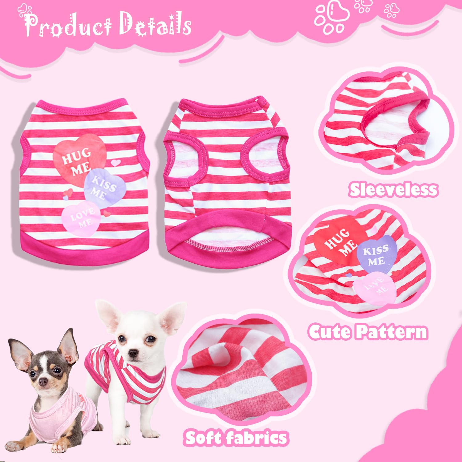 4- Pieces Chihuahua Dog Clothes For Small Dogs Girl Cute Pink Puppy Shirt Pet Tank Top Outfit For Female Dogs, Yorkie, Toy Poodl