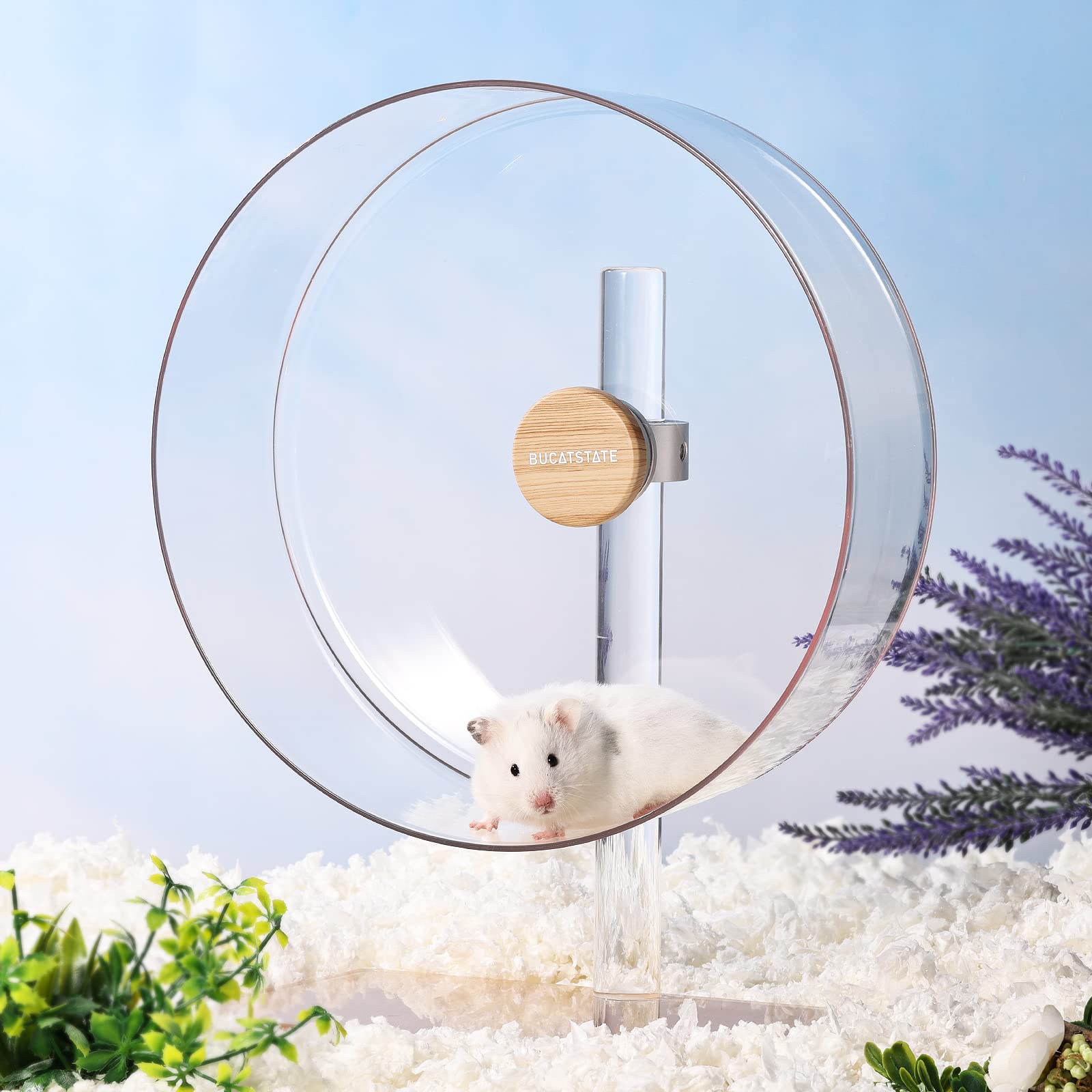 BUCATSTATE 12.5" Acrylic Hamster Wheel - Silent Exercise Wheel for Hamsters, Rats, Hedgehogs - Transparent, Adjustable Stand, Model NKHWHEEL-32cmTR