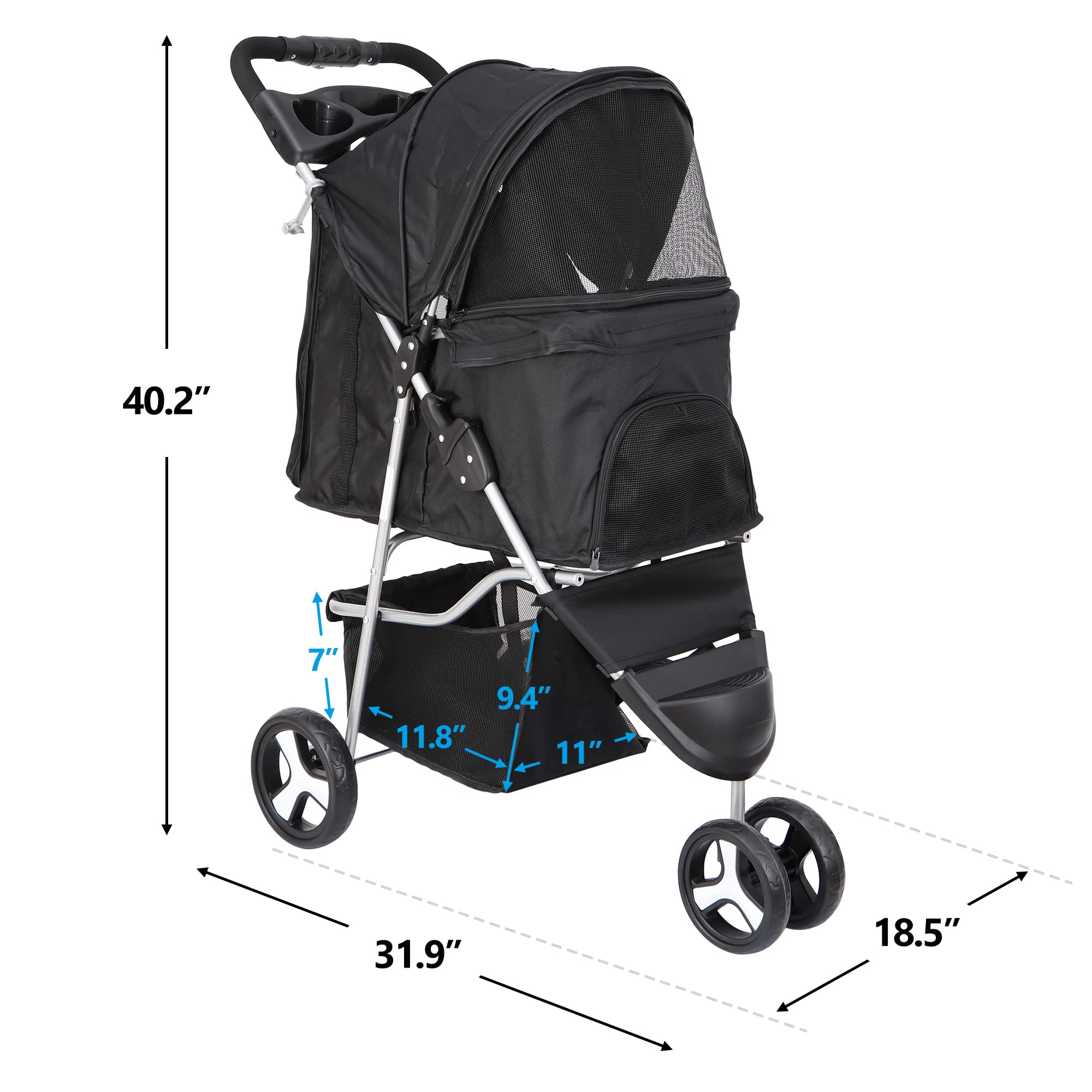 Lemy Foldable Pet Puppies Stroller For Cats And Dogs, 3 Wheels Travel Pet Carrier W/Weather Cover, Storage Basket And Cup Holder