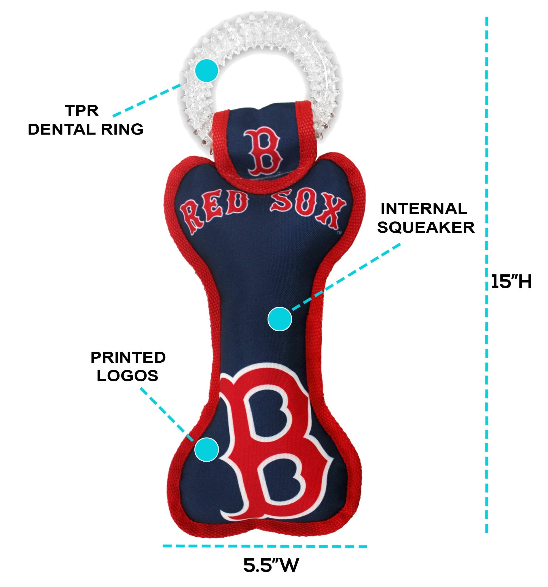 Mlb Boston Red Sox Bone Shaped Dental Dog Tug Toy With Squeaker. Tough Pet Toy For Healthy Fun, Teething, And Cleaning Pet'S Tee