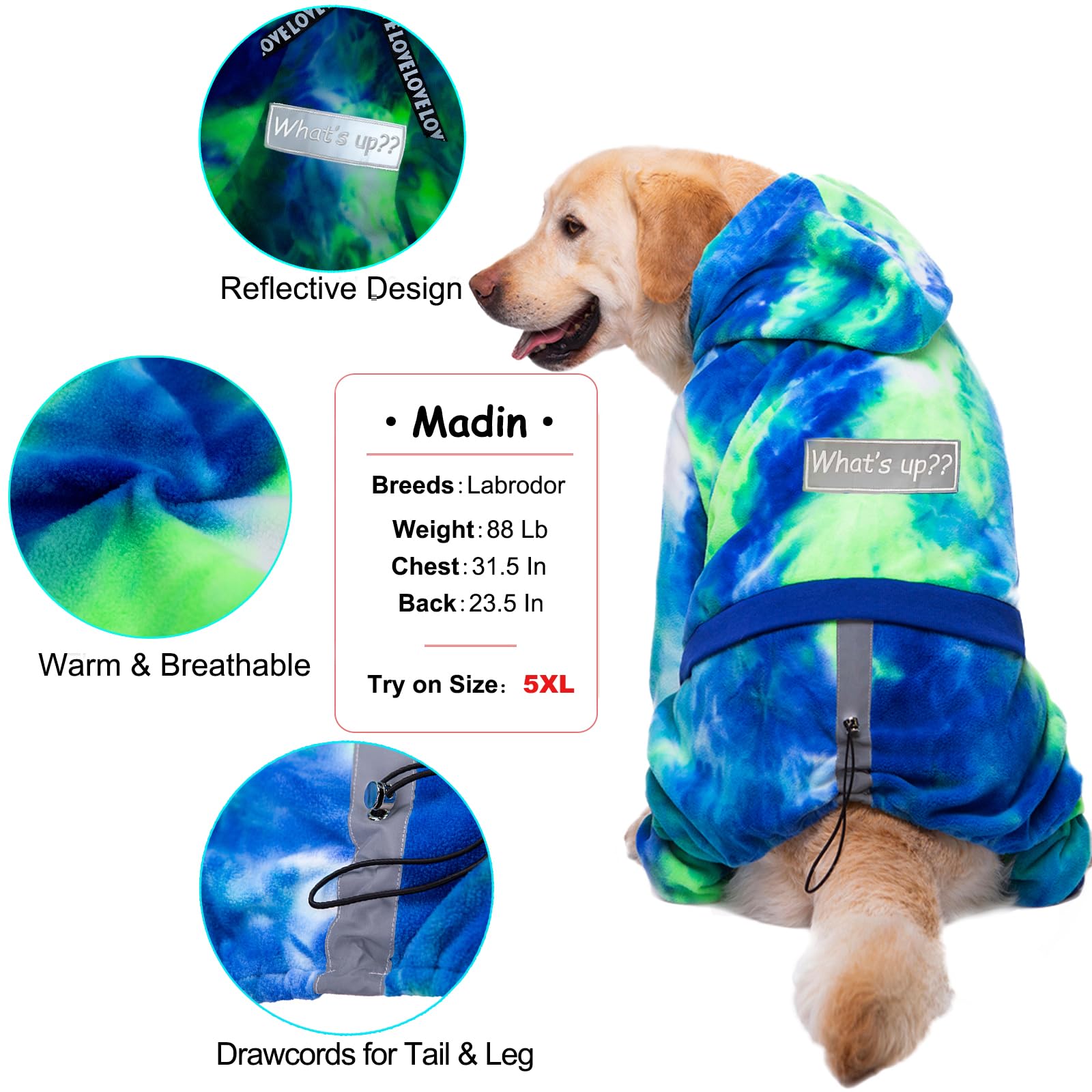 Yeapeeto Dog Hoodie Winter Coat For Large Medium Dogs, Pullover 4 Legs Warm Hooded Sweatshirt, Fleece Jacket For Cold Weather (B